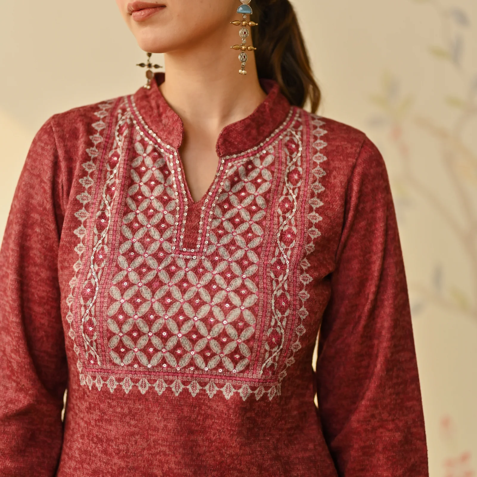 Maroon Embroidered & Monotone Woollen Kurta Pant Set - Image 3