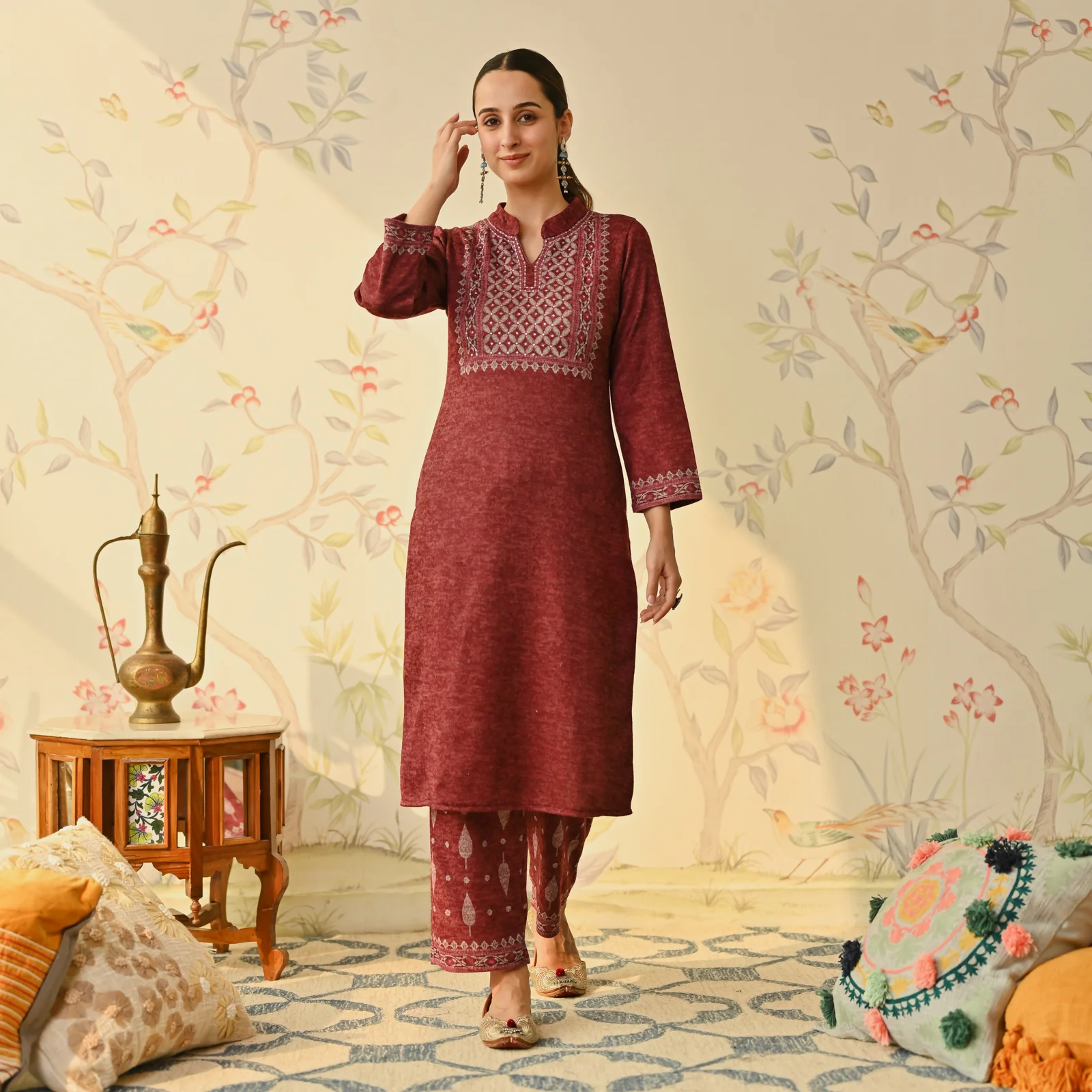 Maroon Embroidered & Monotone Woollen Kurta Pant Set - Image 4