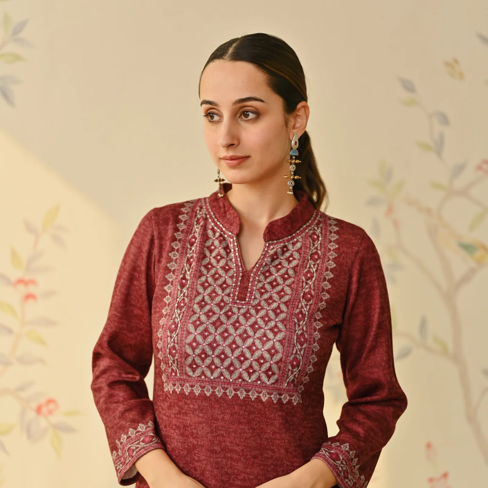Maroon Embroidered & Monotone Woollen Kurta Pant Set - Image 5