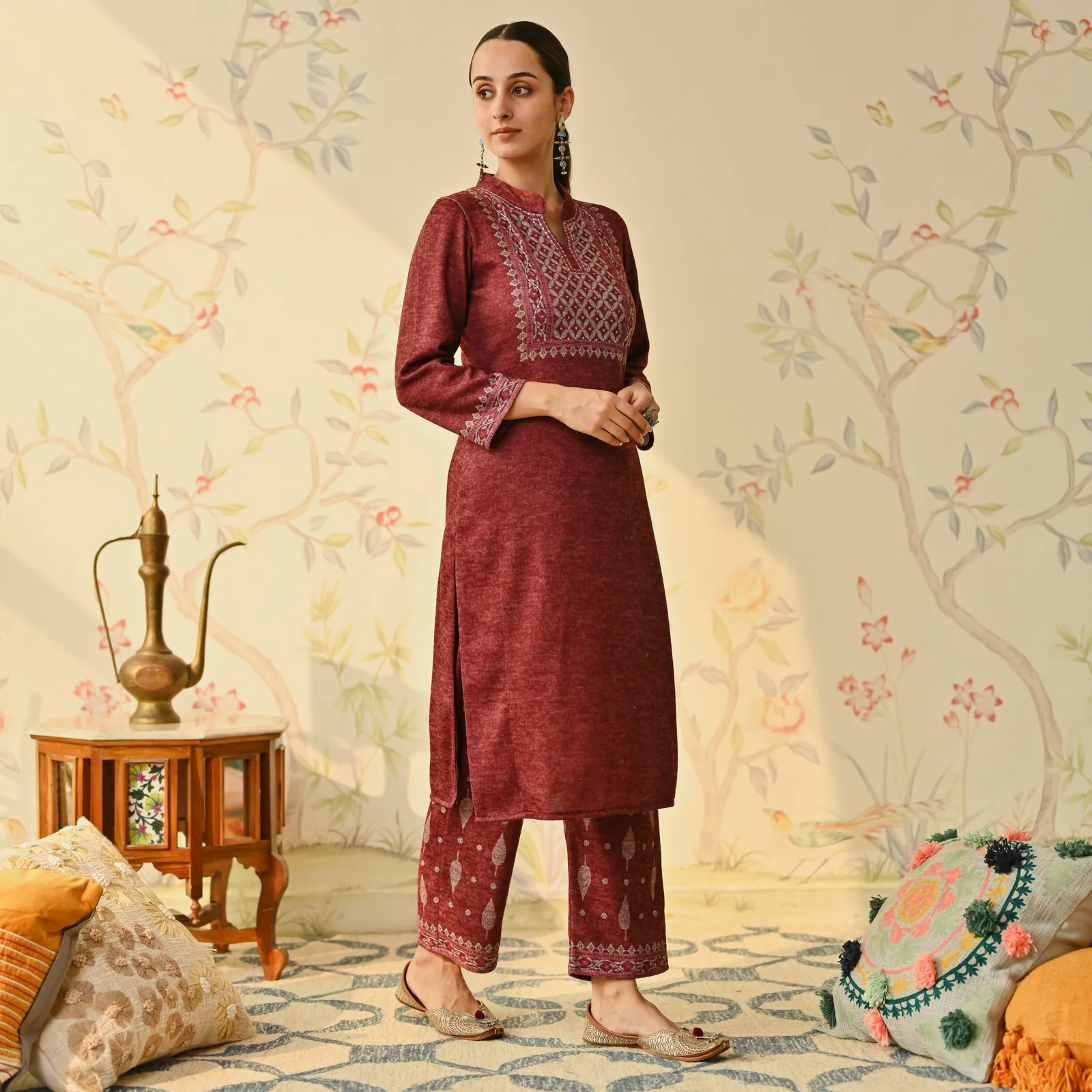 Maroon Embroidered & Monotone Woollen Kurta Pant Set - Image 6