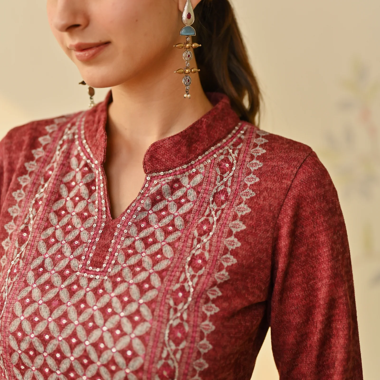 Maroon Embroidered & Monotone Woollen Kurta Pant Set - Image 7