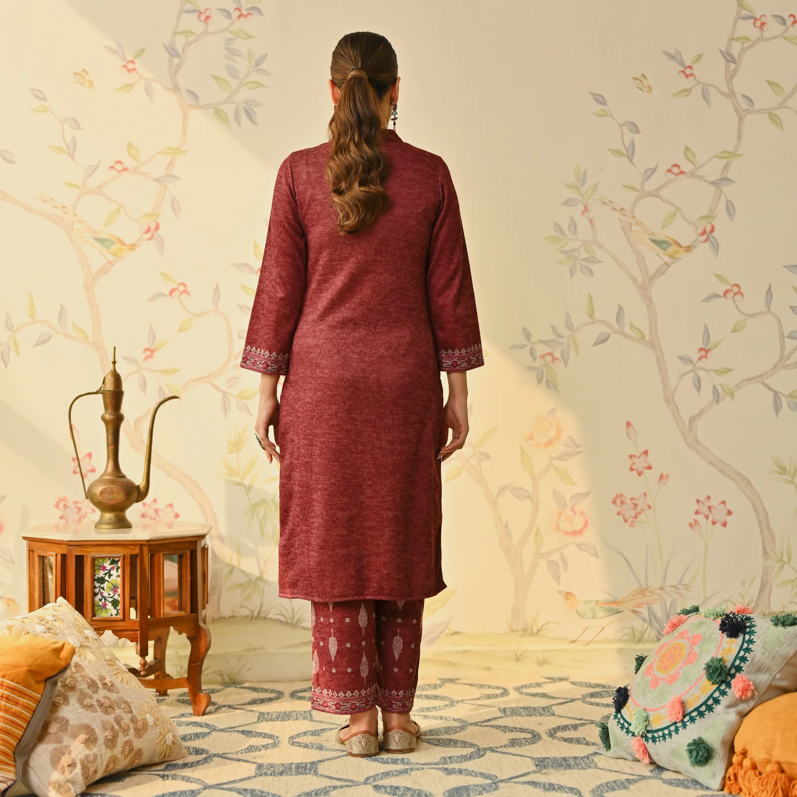 Maroon Embroidered & Monotone Woollen Kurta Pant Set - Image 8