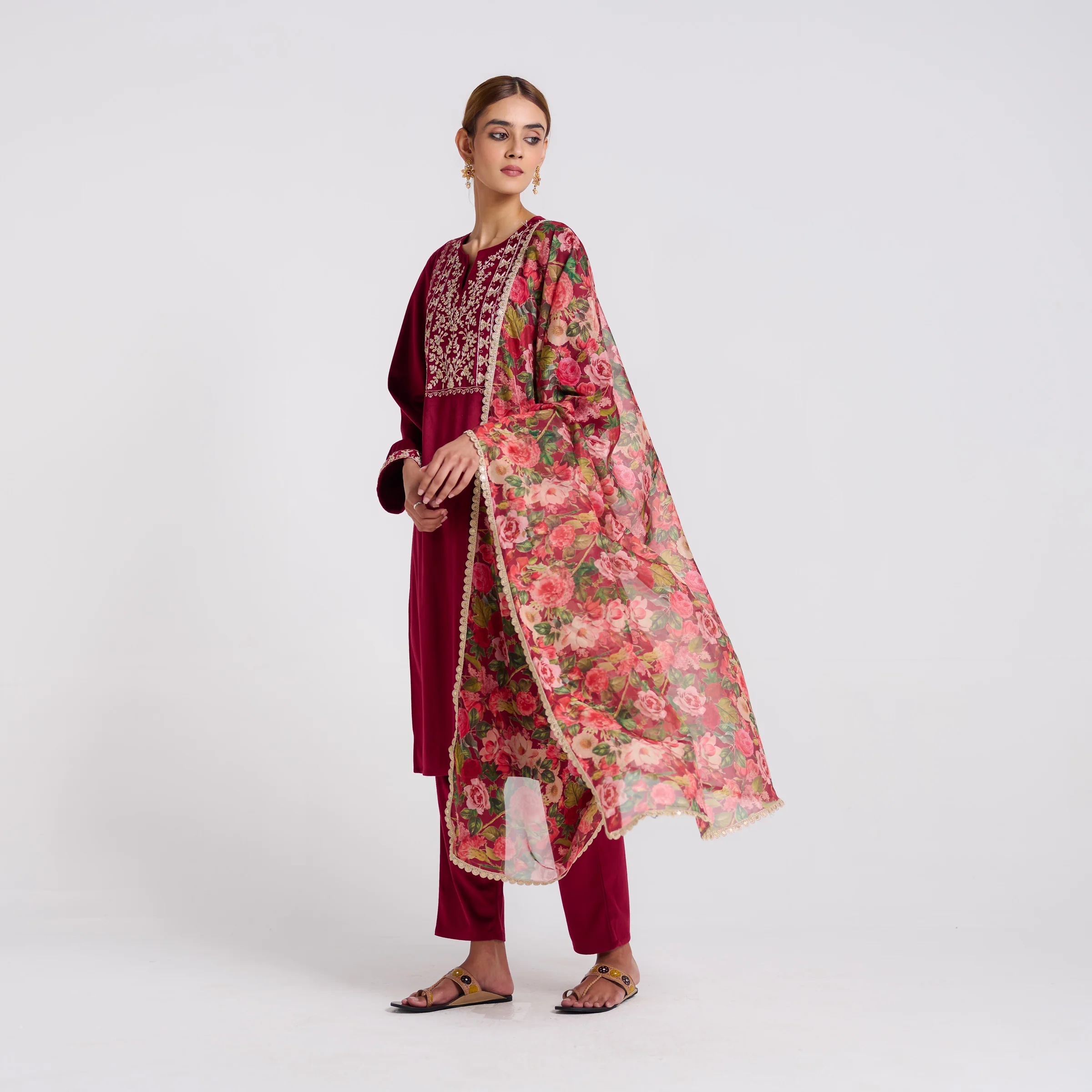 Maroon Embroidered Phulwari Velvet Set with Dupatta - Image 4