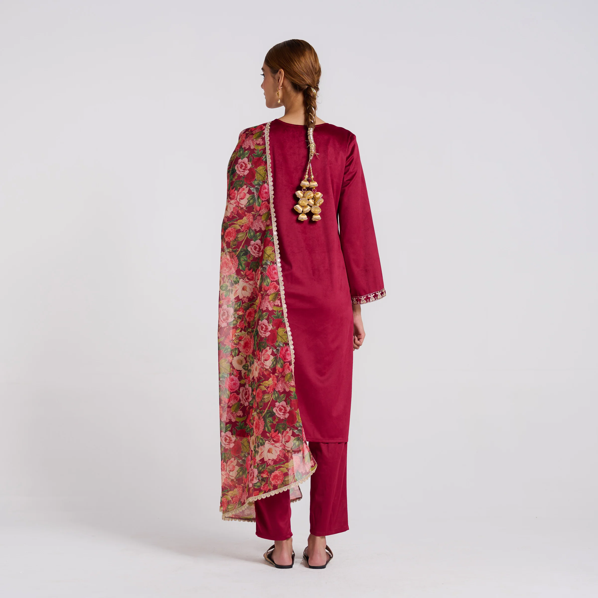 Maroon Embroidered Phulwari Velvet Set with Dupatta - Image 6