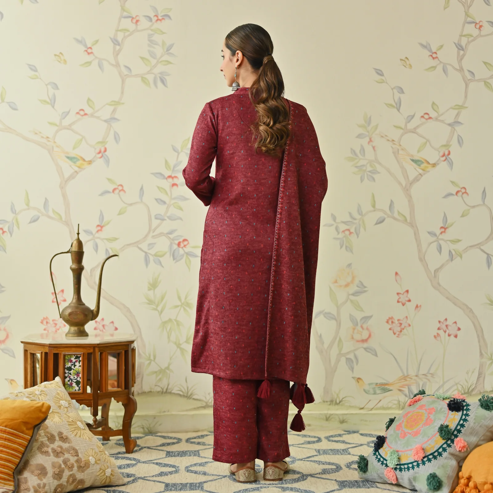 Maroon Embroidered Woollen Kurta - Image 3