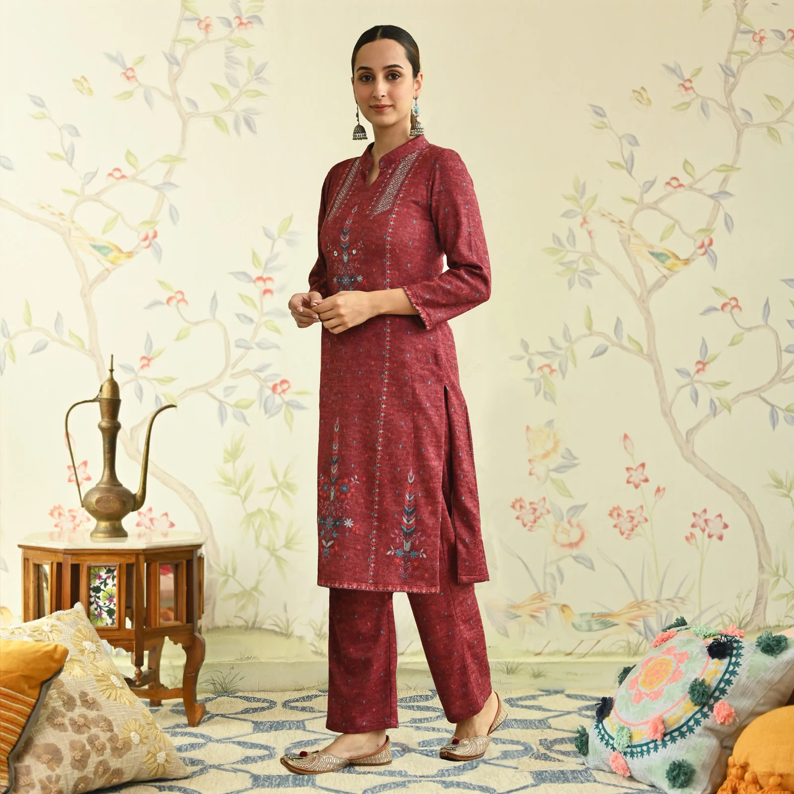 Maroon Embroidered Woollen Kurta - Image 4