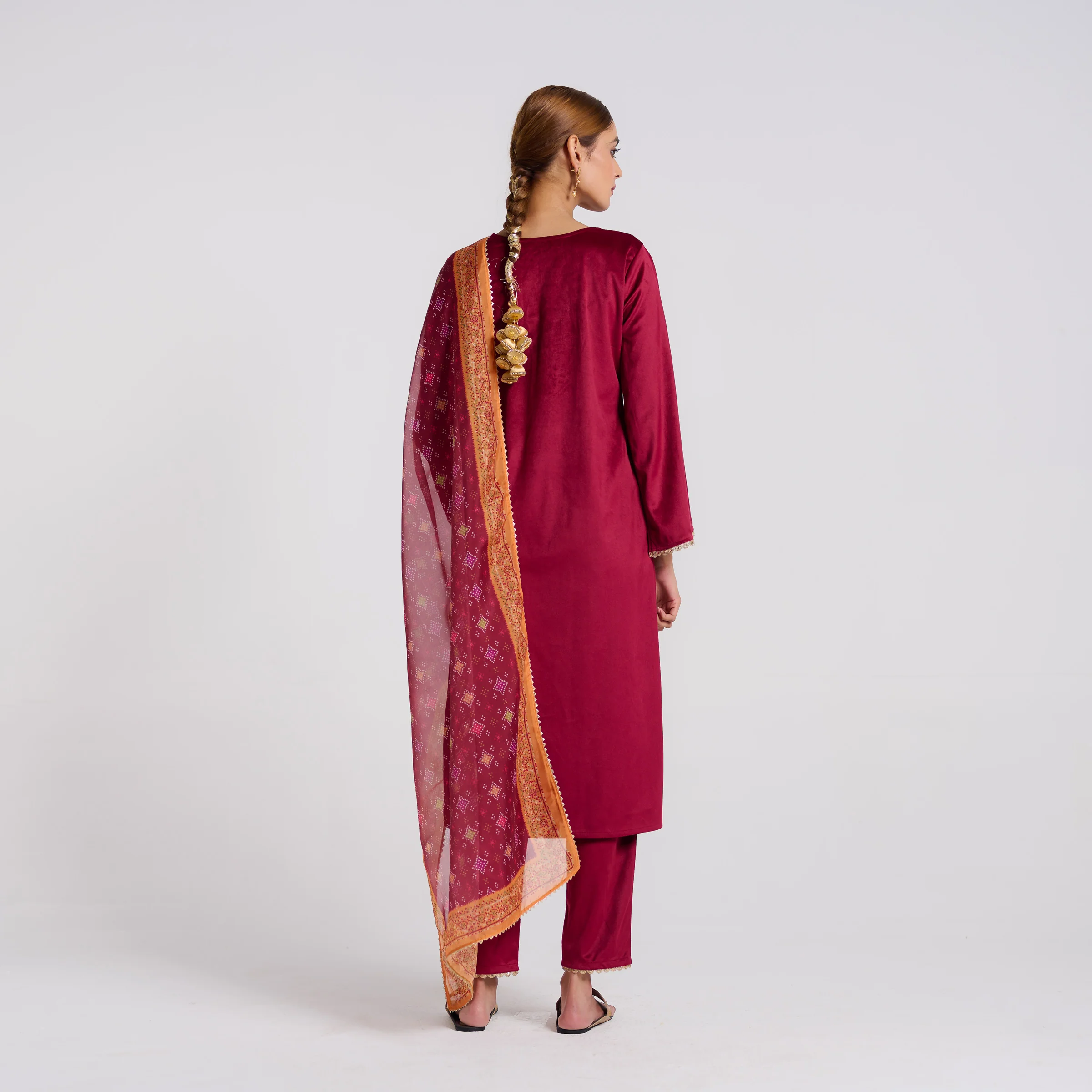 Maroon Embroidered Zareen Velvet Set with Dupatta - Image 6