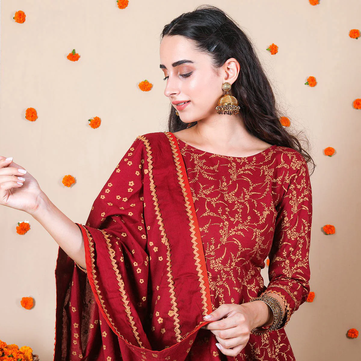 Maroon Festive Gold Printed Kurta Set with Dupatta for Women - Image 3