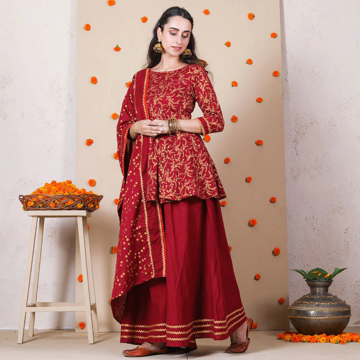 Maroon Festive Gold Printed Kurta Set with Dupatta for Women - Image 4