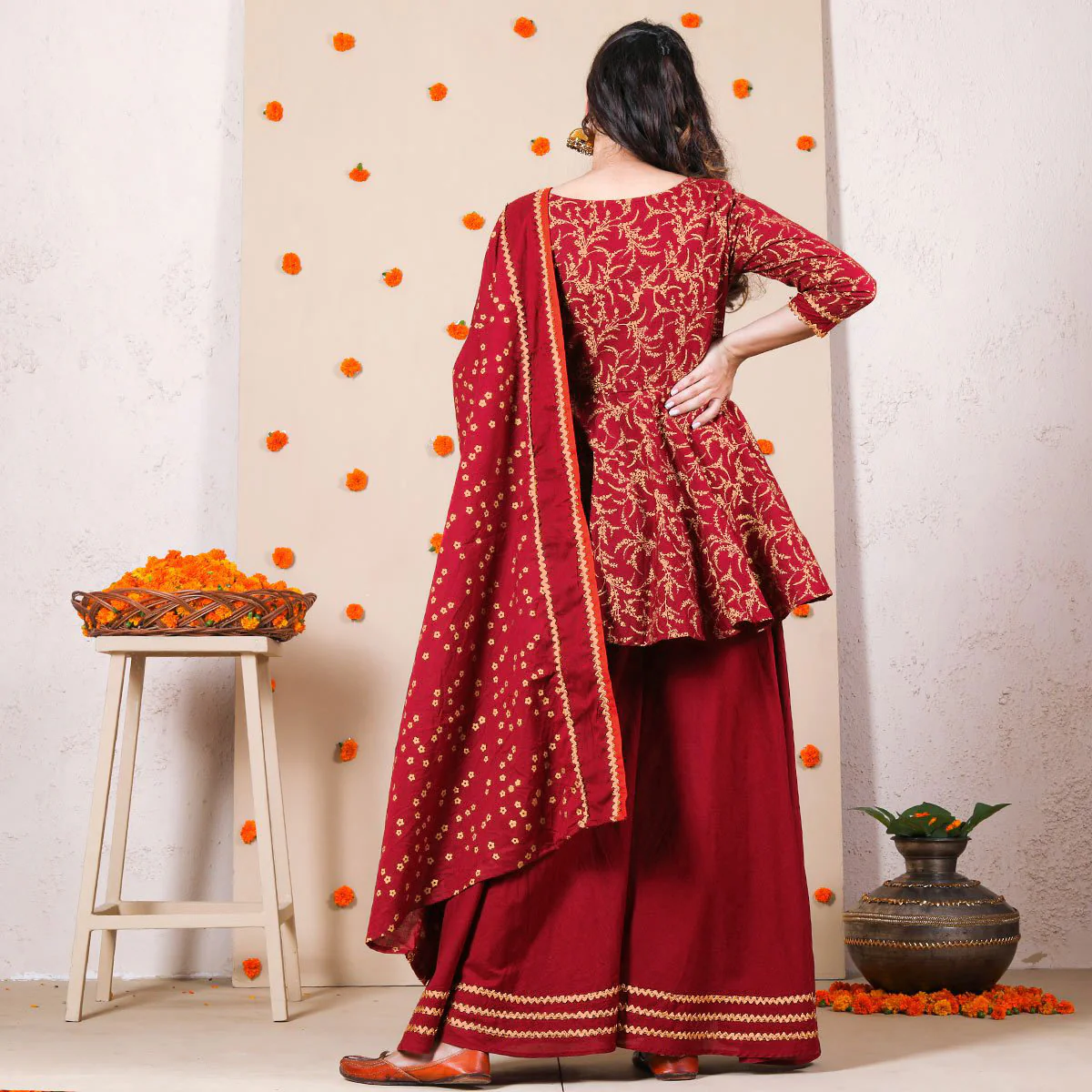 Maroon Festive Gold Printed Kurta Set with Dupatta for Women - Image 5