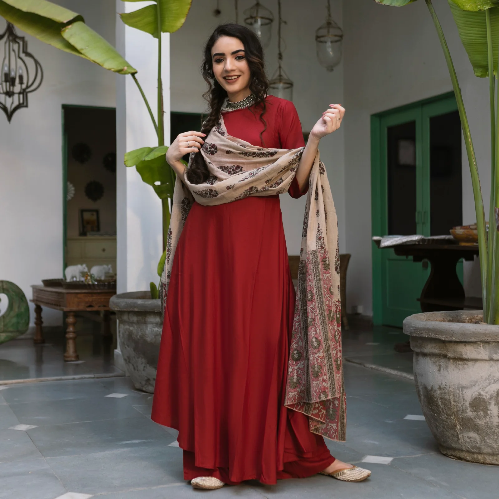 Maroon Flared Kurta Palazzo Set with Beige Floral Dupatta - Image 2