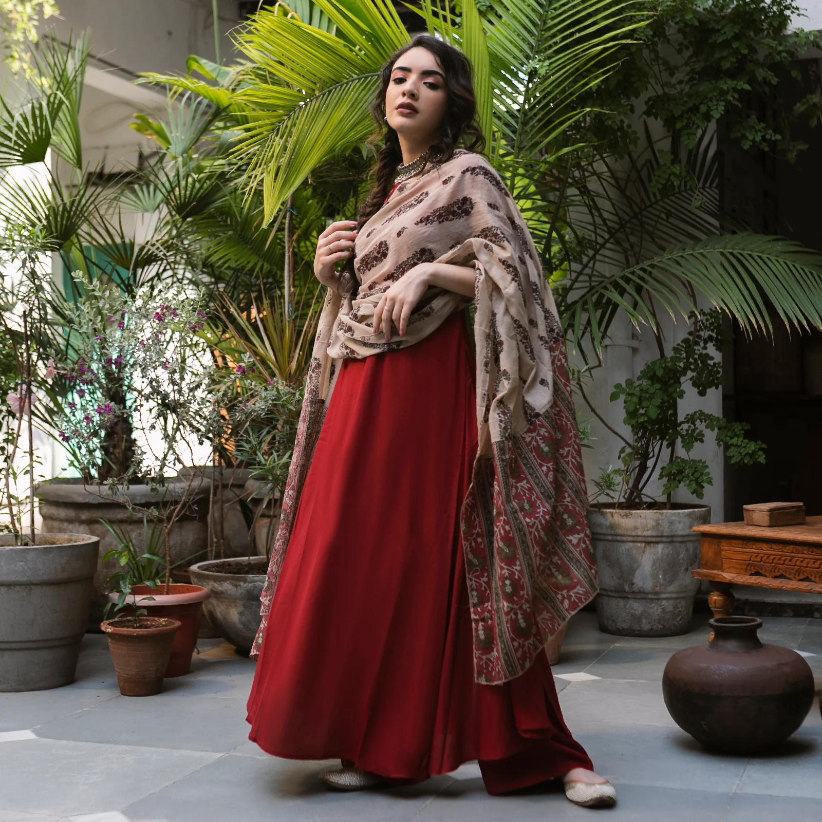 Maroon Flared Kurta Palazzo Set with Beige Floral Dupatta - Image 3