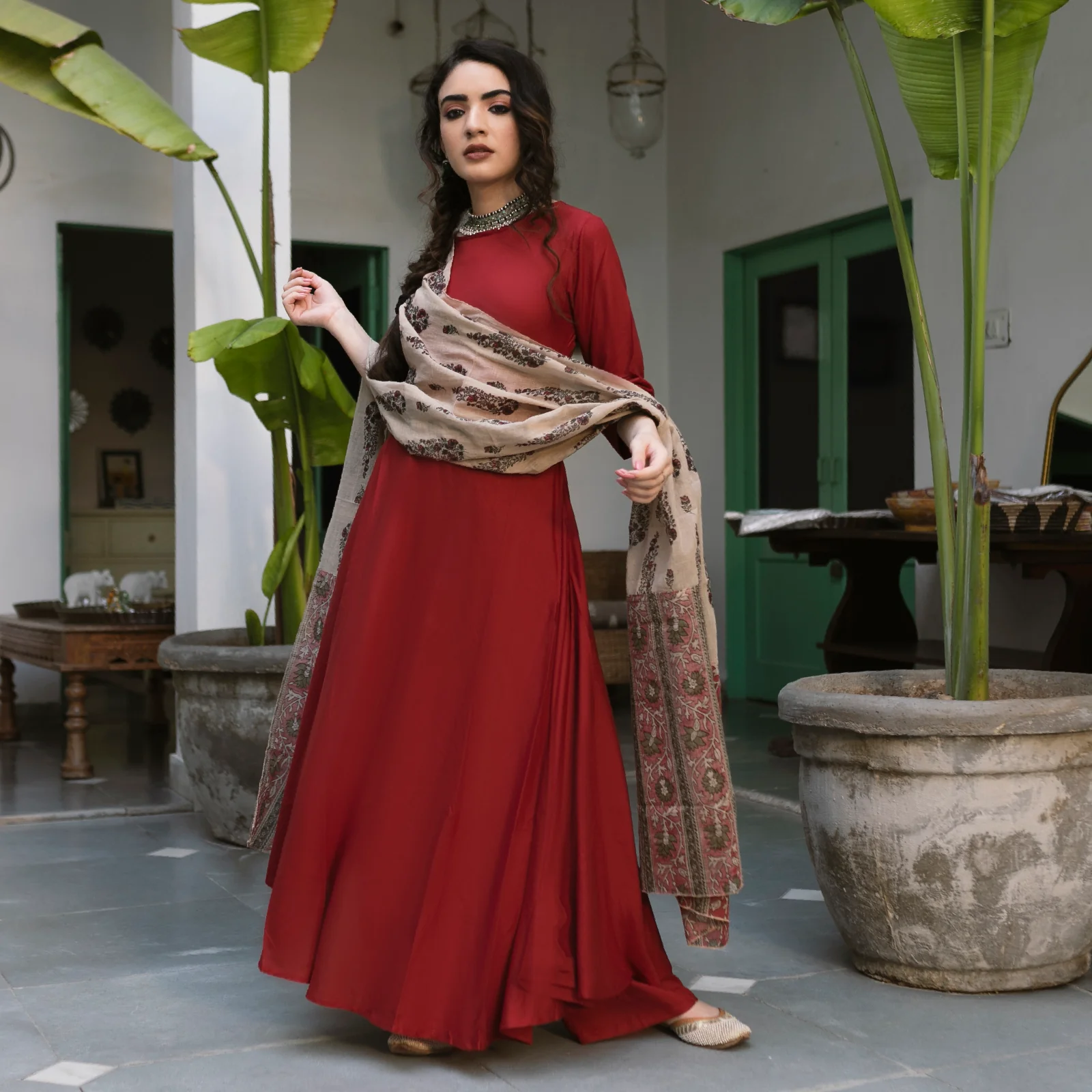 Maroon Flared Kurta Palazzo Set with Beige Floral Dupatta - Image 4
