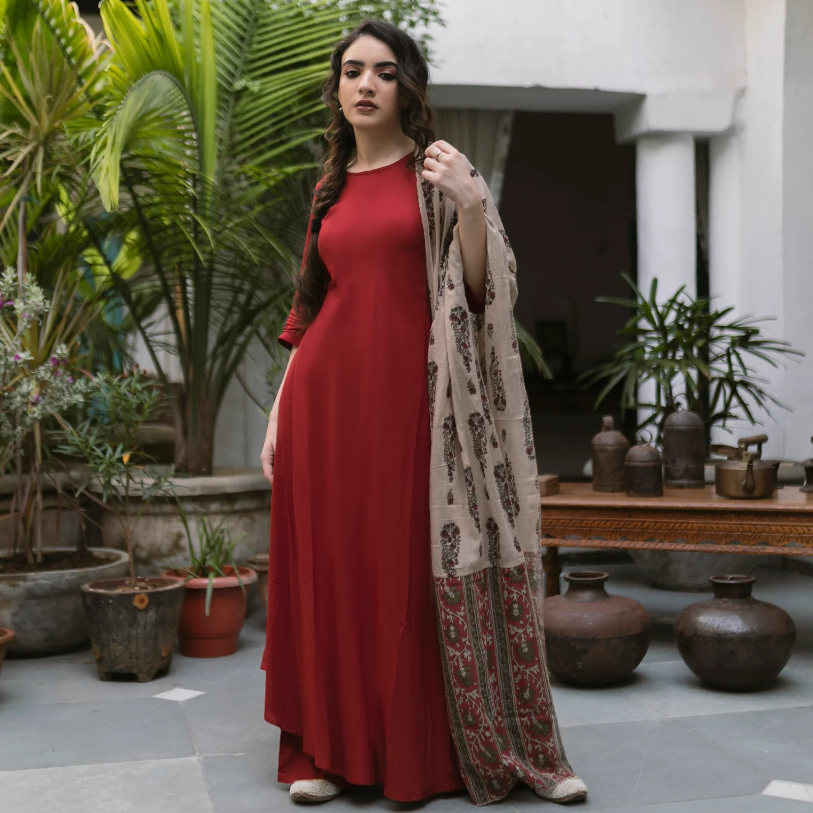 Maroon Flared Kurta Palazzo Set with Beige Floral Dupatta - Image 5