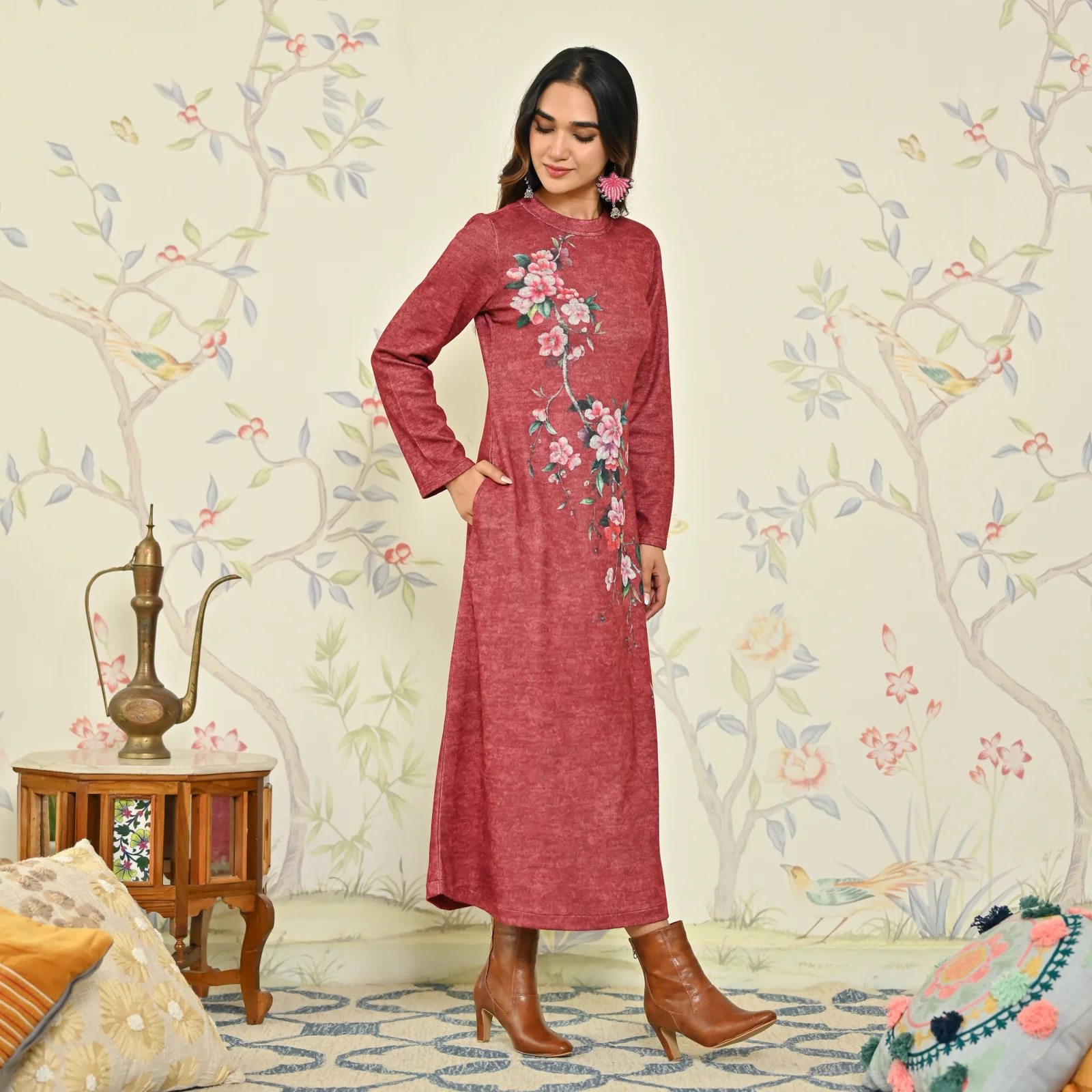Maroon Floral A-line Woollen Dress - Image 3
