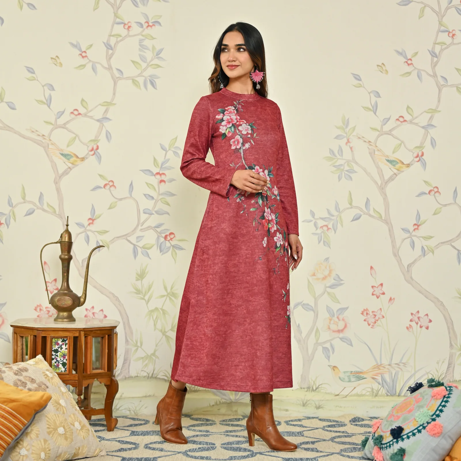 Maroon Floral A-line Woollen Dress - Image 4