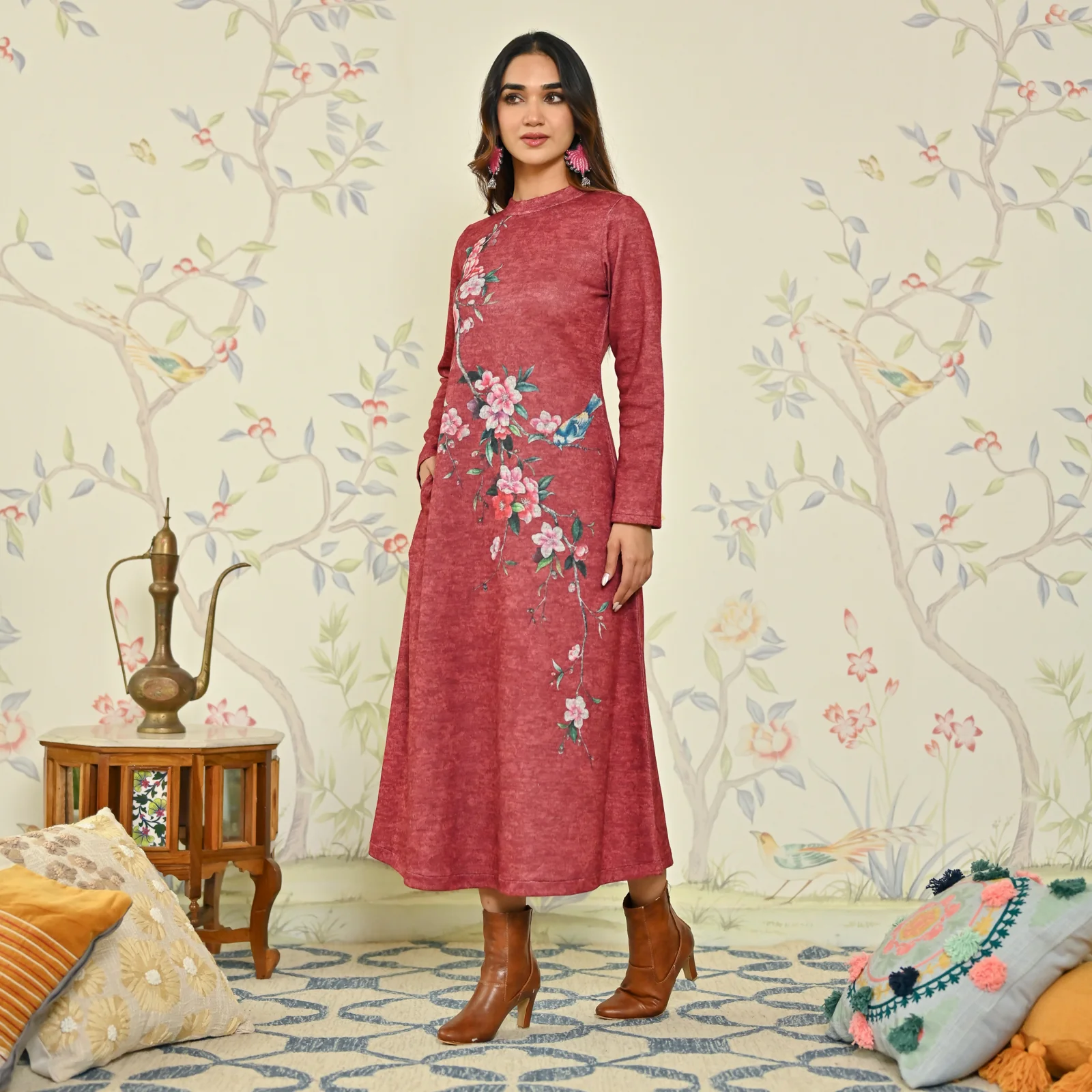 Maroon Floral A-line Woollen Dress - Image 5