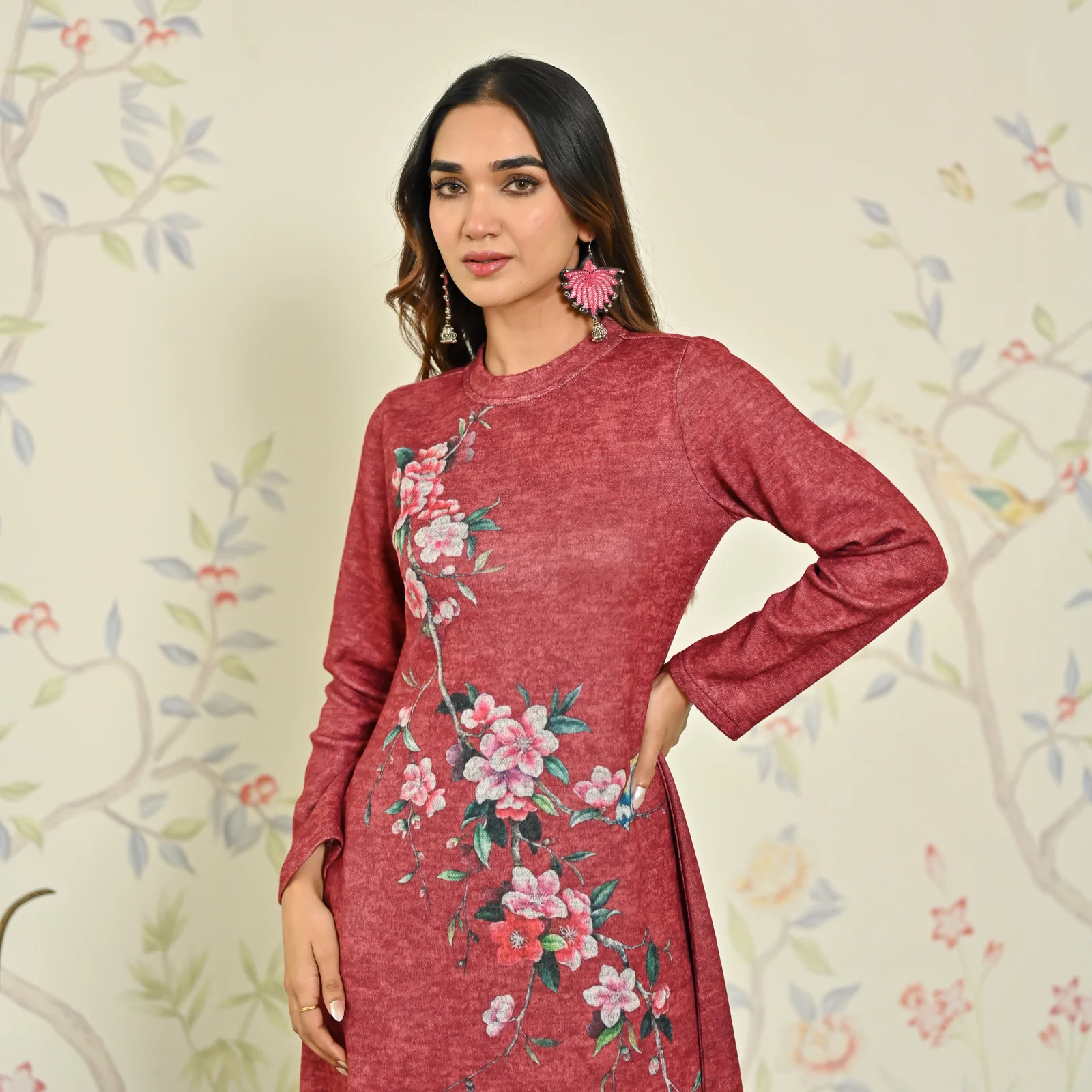 Maroon Floral A-line Woollen Dress - Image 6