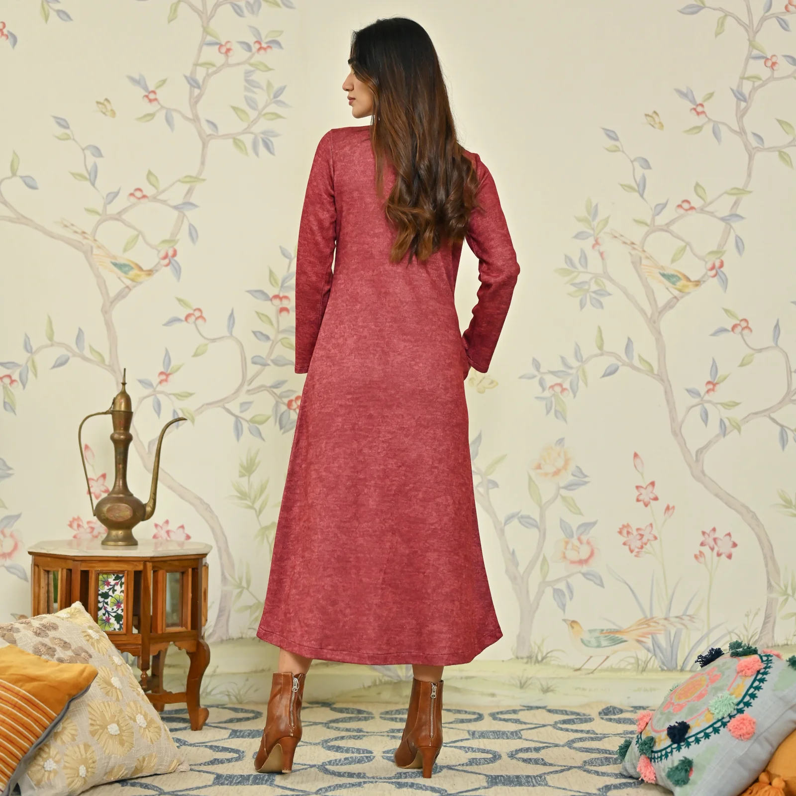 Maroon Floral A-line Woollen Dress - Image 7