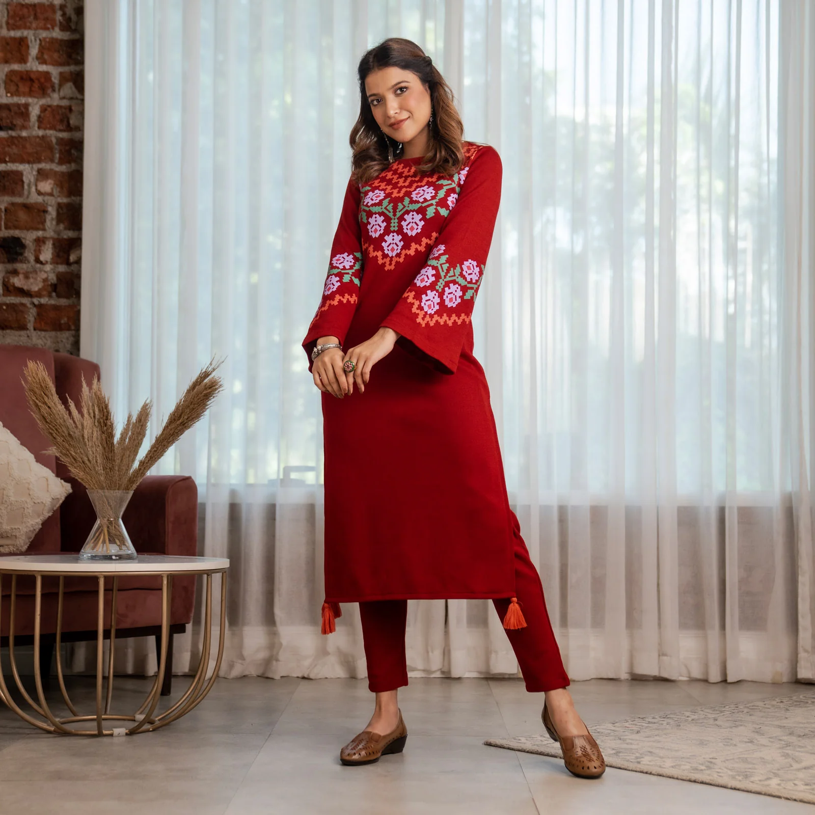 Maroon Acrylic Floral Kurta with Flared Sleeves - Image 6