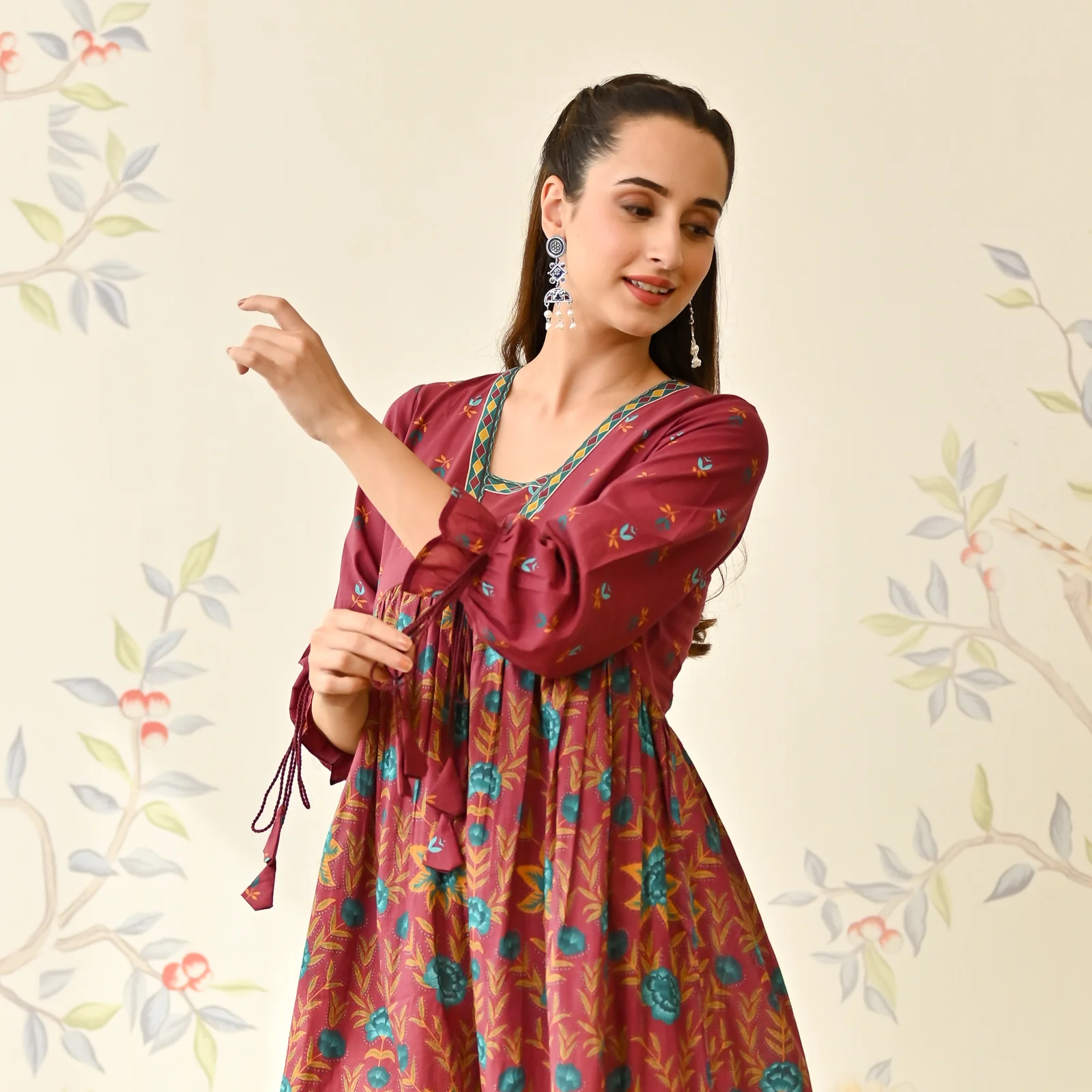 Maroon Floral Printed Cotton Dress with Puff Sleeves - Image 2