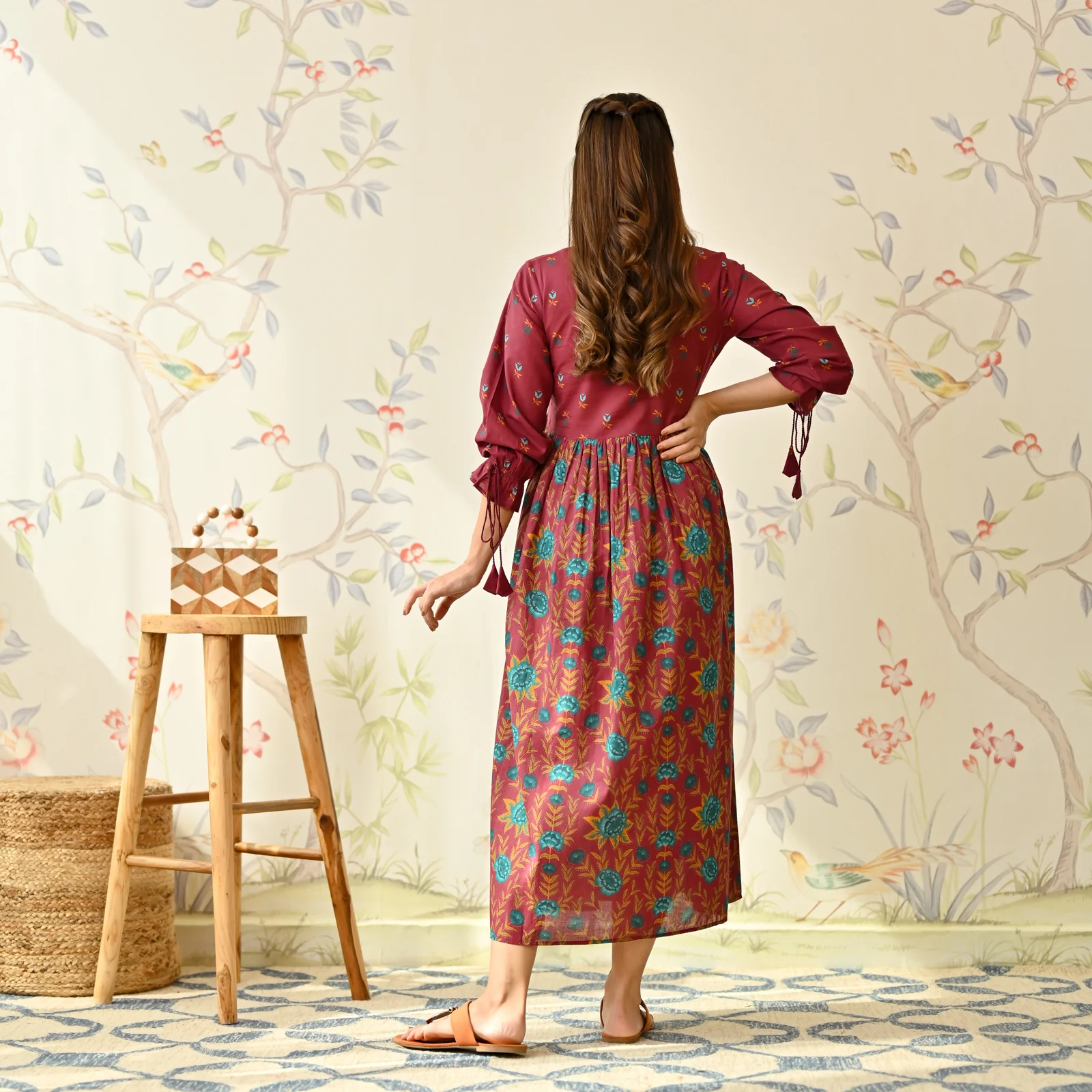 Maroon Floral Printed Cotton Dress with Puff Sleeves - Image 5