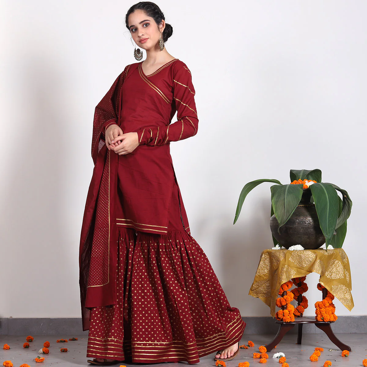 Maroon Gold Printed Gharara Set with Dupatta - Image 3