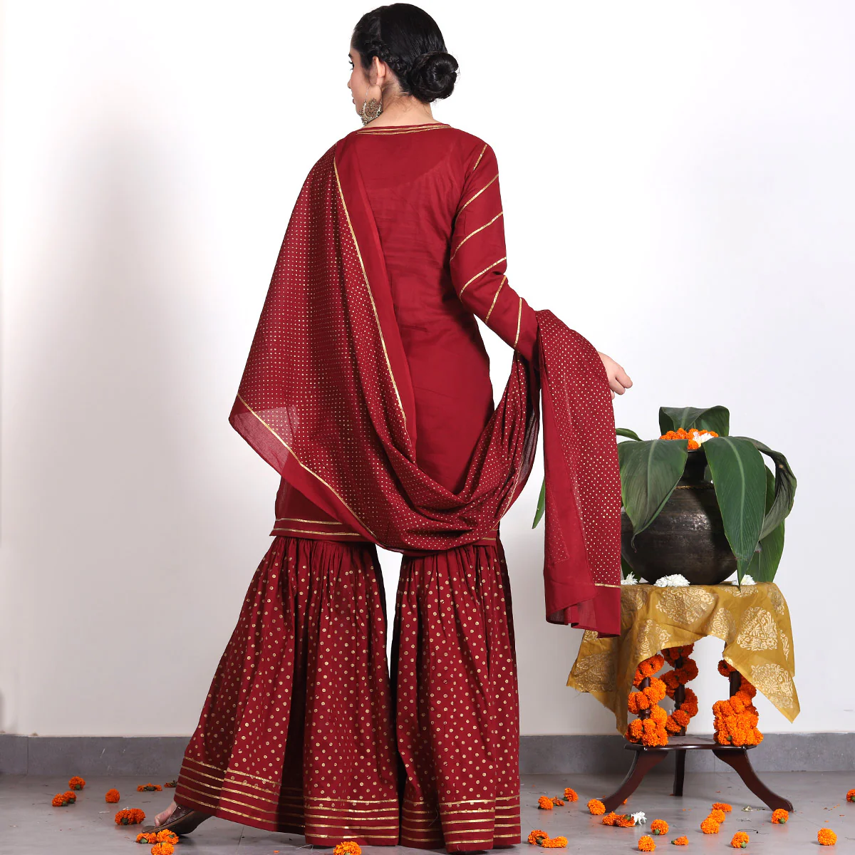 Maroon Gold Printed Gharara Set with Dupatta - Image 4