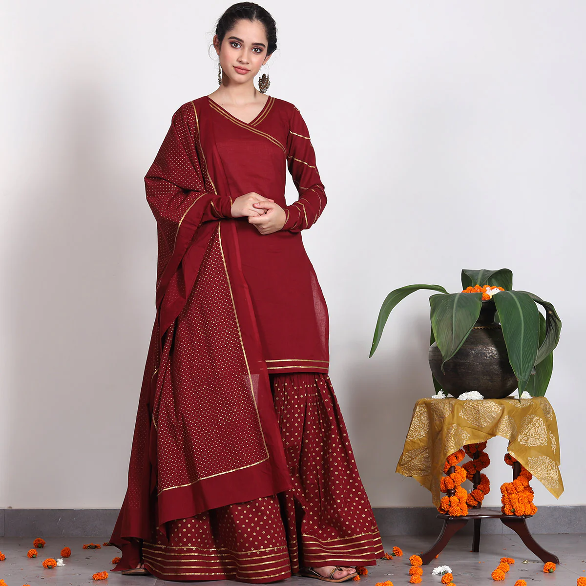 Maroon Gold Printed Gharara Set with Dupatta - Image 5