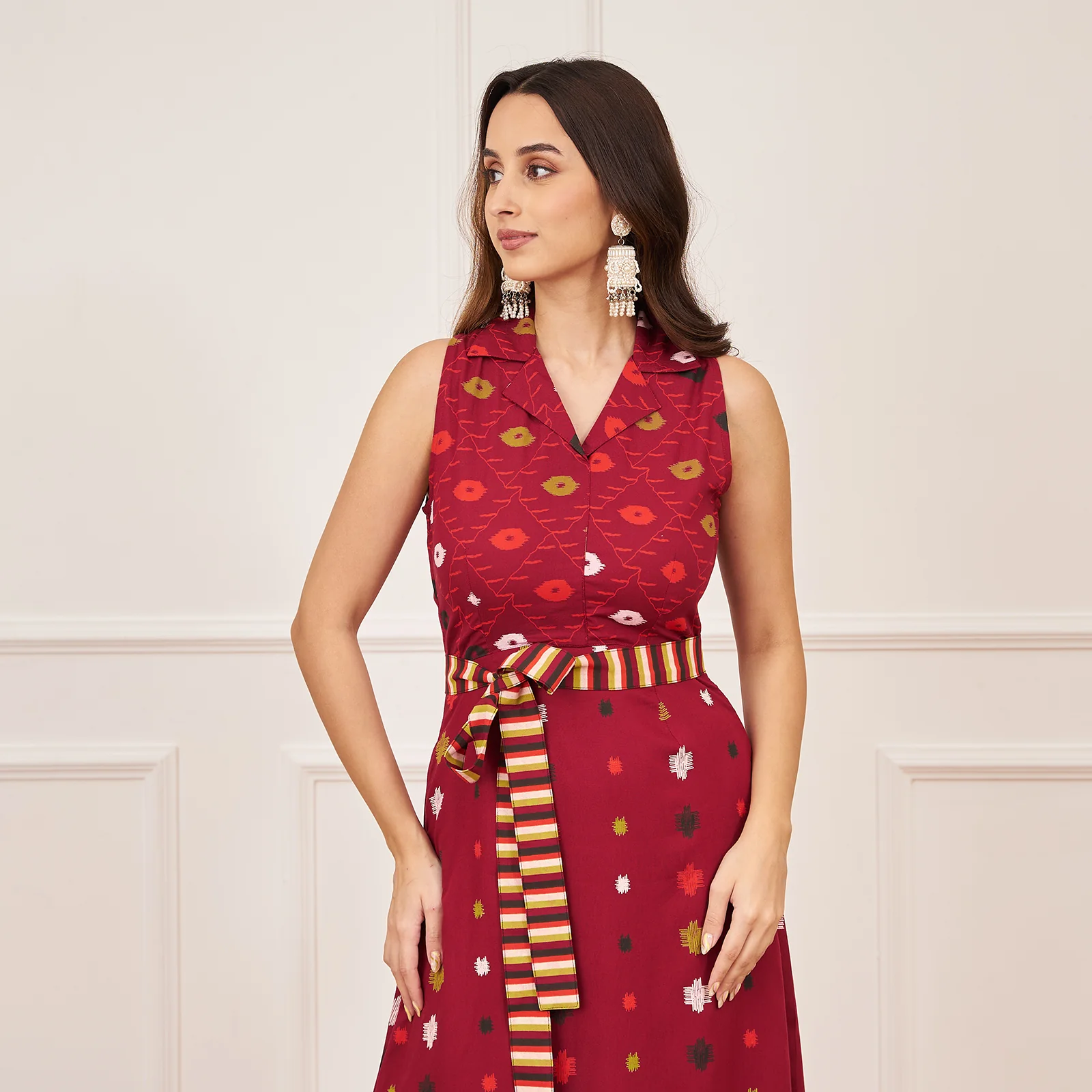 Maroon Ikat Inspired Kurta Pant Co-ord Set with Belt - Image 5