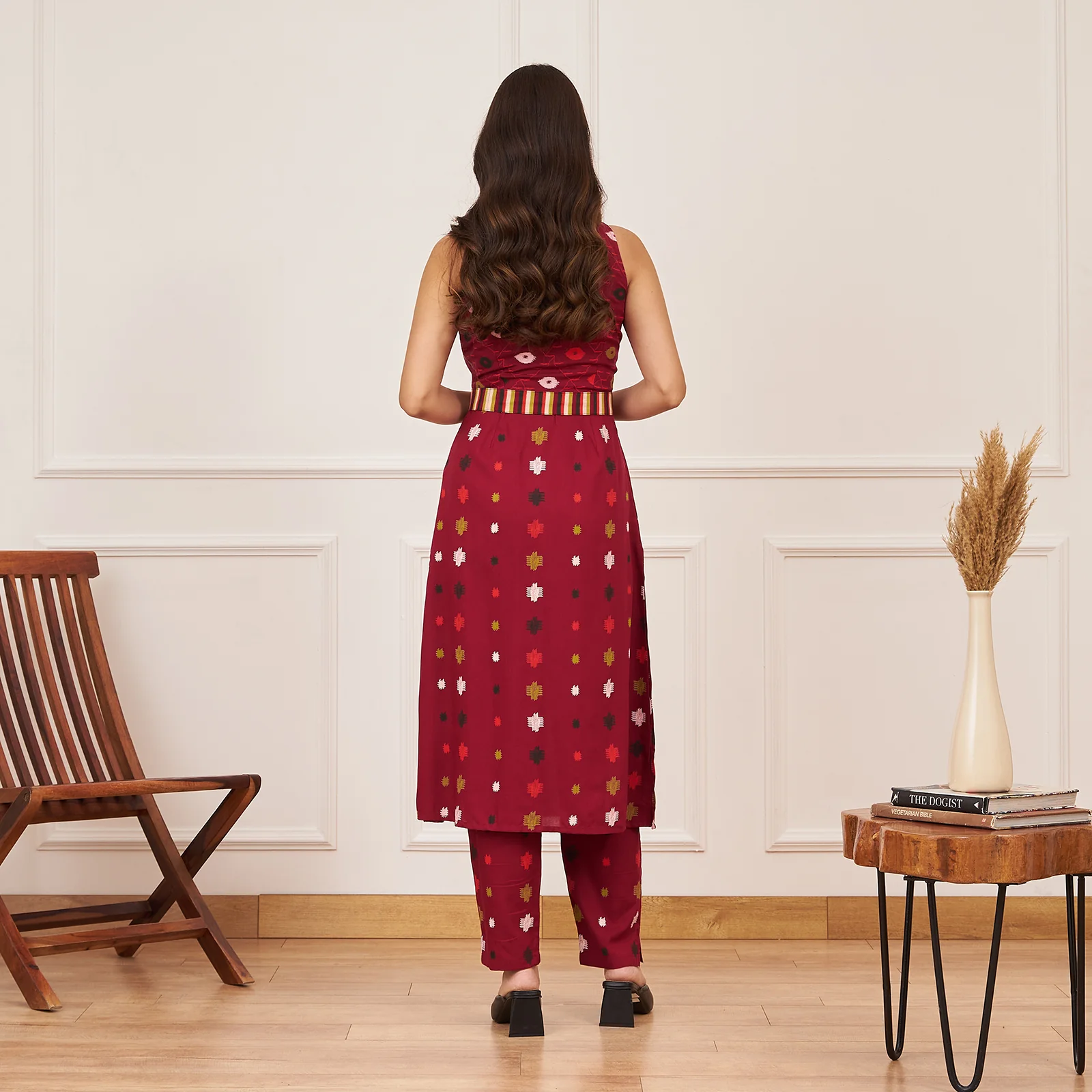 Maroon Ikat Inspired Kurta Pant Co-ord Set with Belt - Image 6