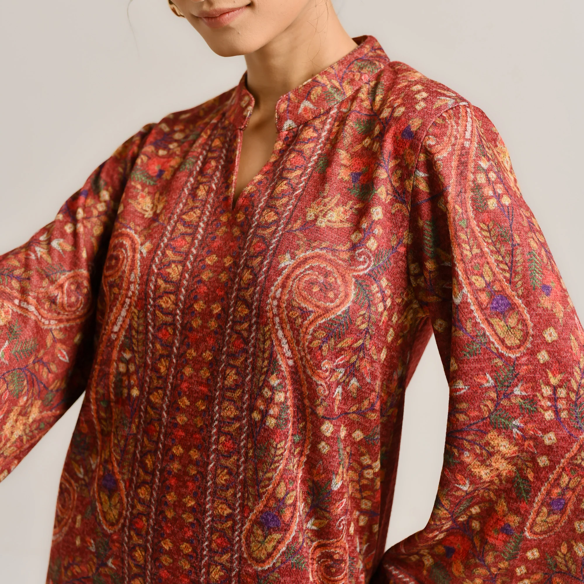 Maroon Kashmiri Inspired Contemporary Woollen Co-ord Set - Image 3