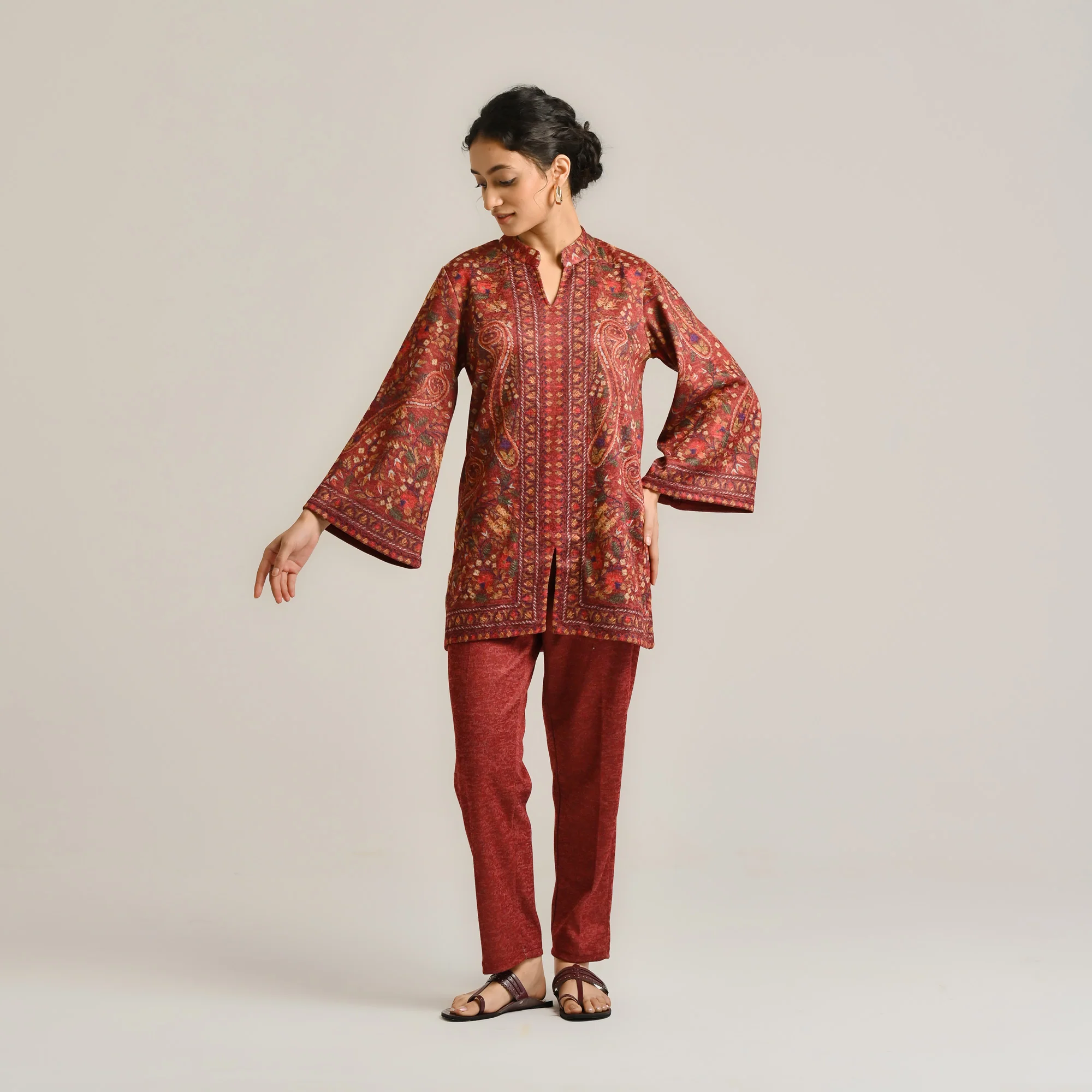 Maroon Kashmiri Inspired Contemporary Woollen Co-ord Set - Image 4