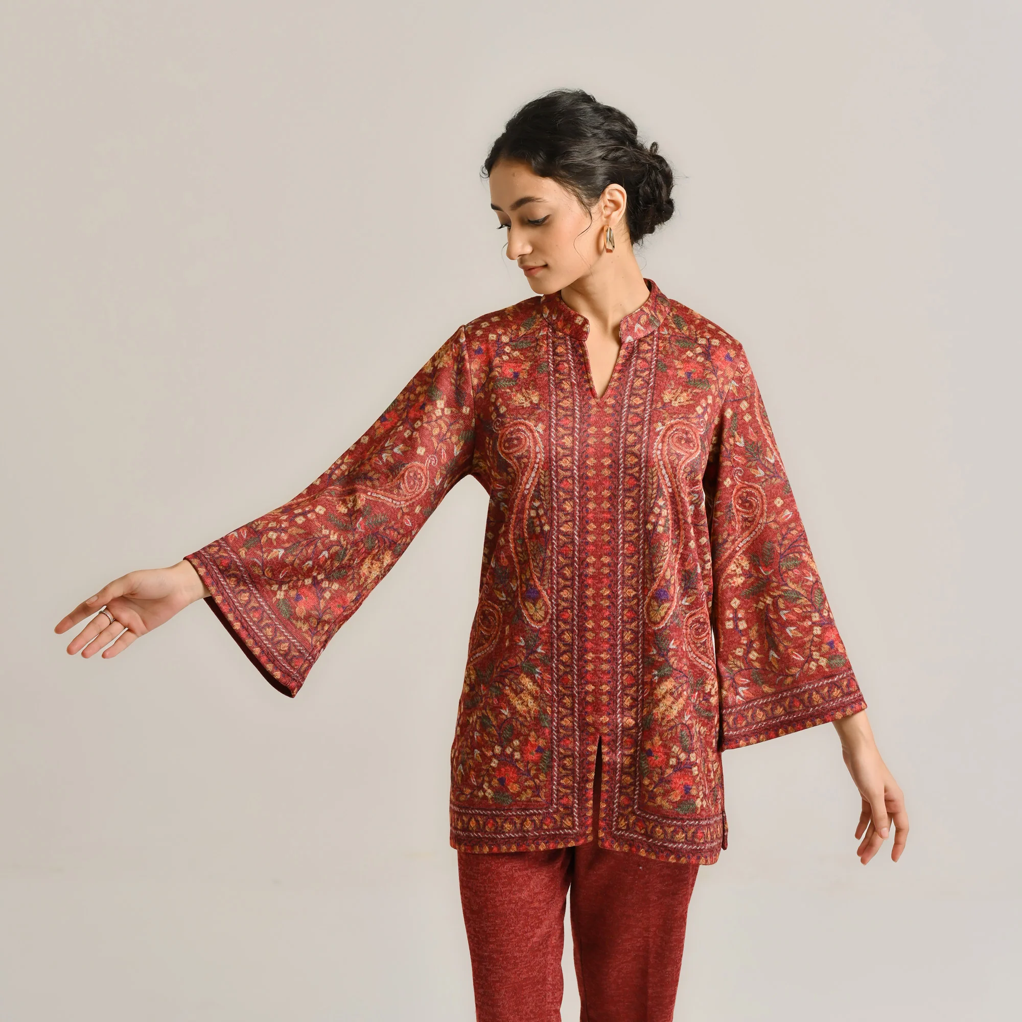 Maroon Kashmiri Inspired Contemporary Woollen Co-ord Set - Image 5