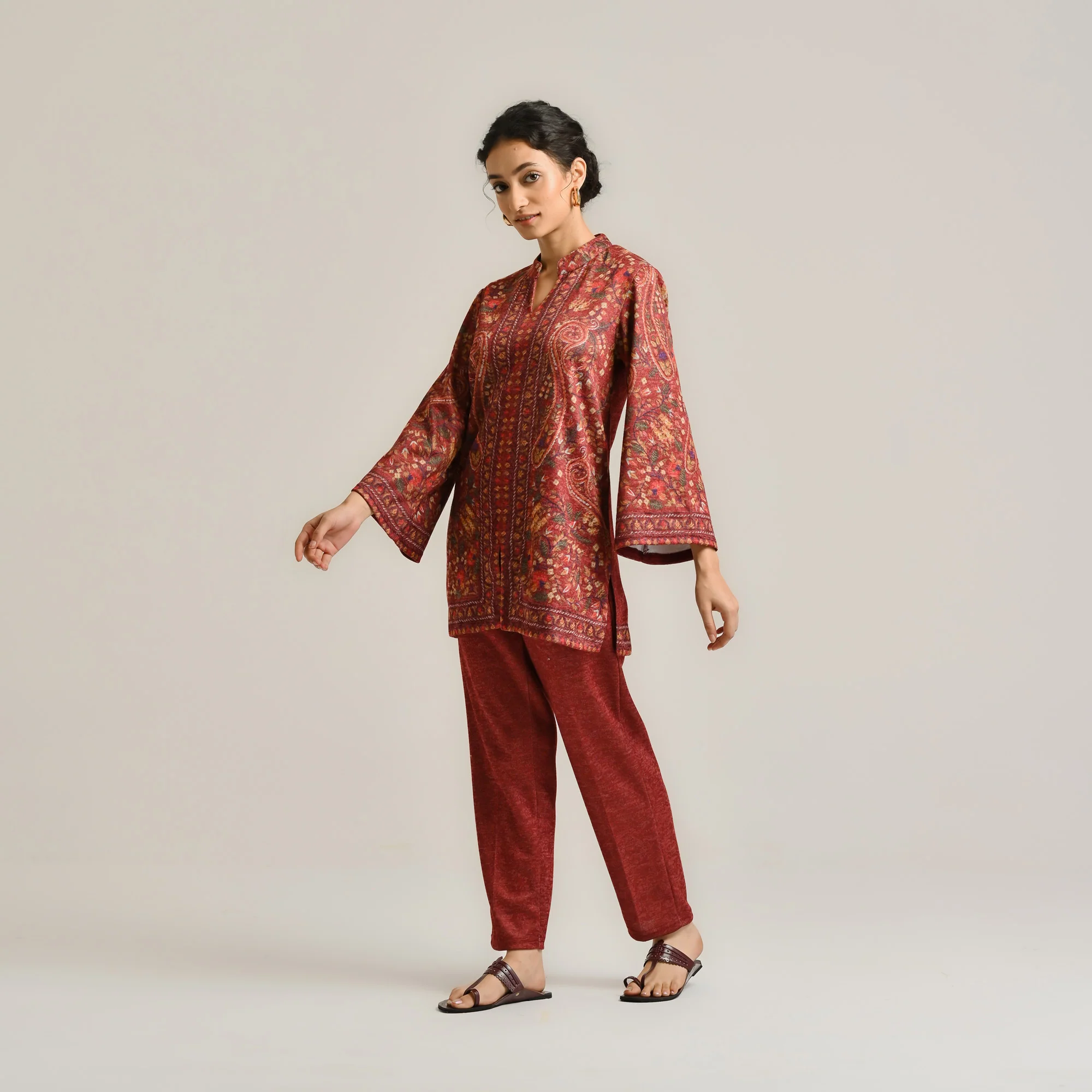 Maroon Kashmiri Inspired Contemporary Woollen Co-ord Set - Image 6