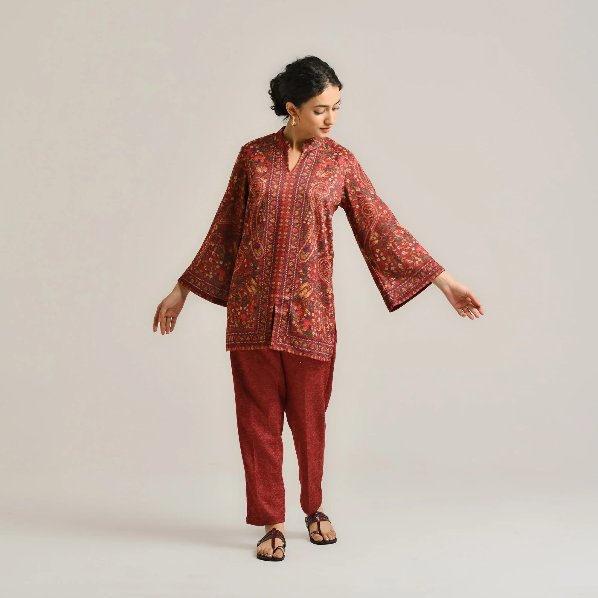 Maroon Kashmiri Inspired Contemporary Woollen Co-ord Set - Image 7