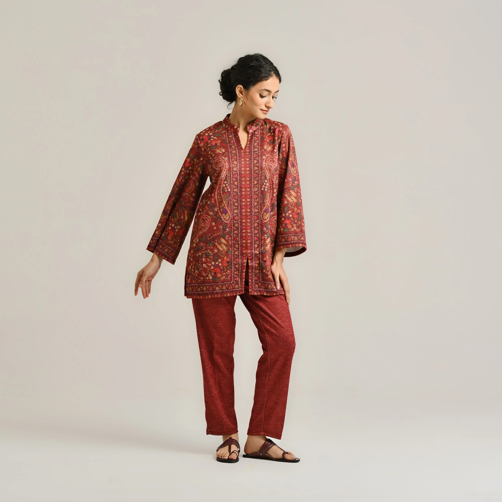 Maroon Kashmiri Inspired Contemporary Woollen Co-ord Set - Image 8