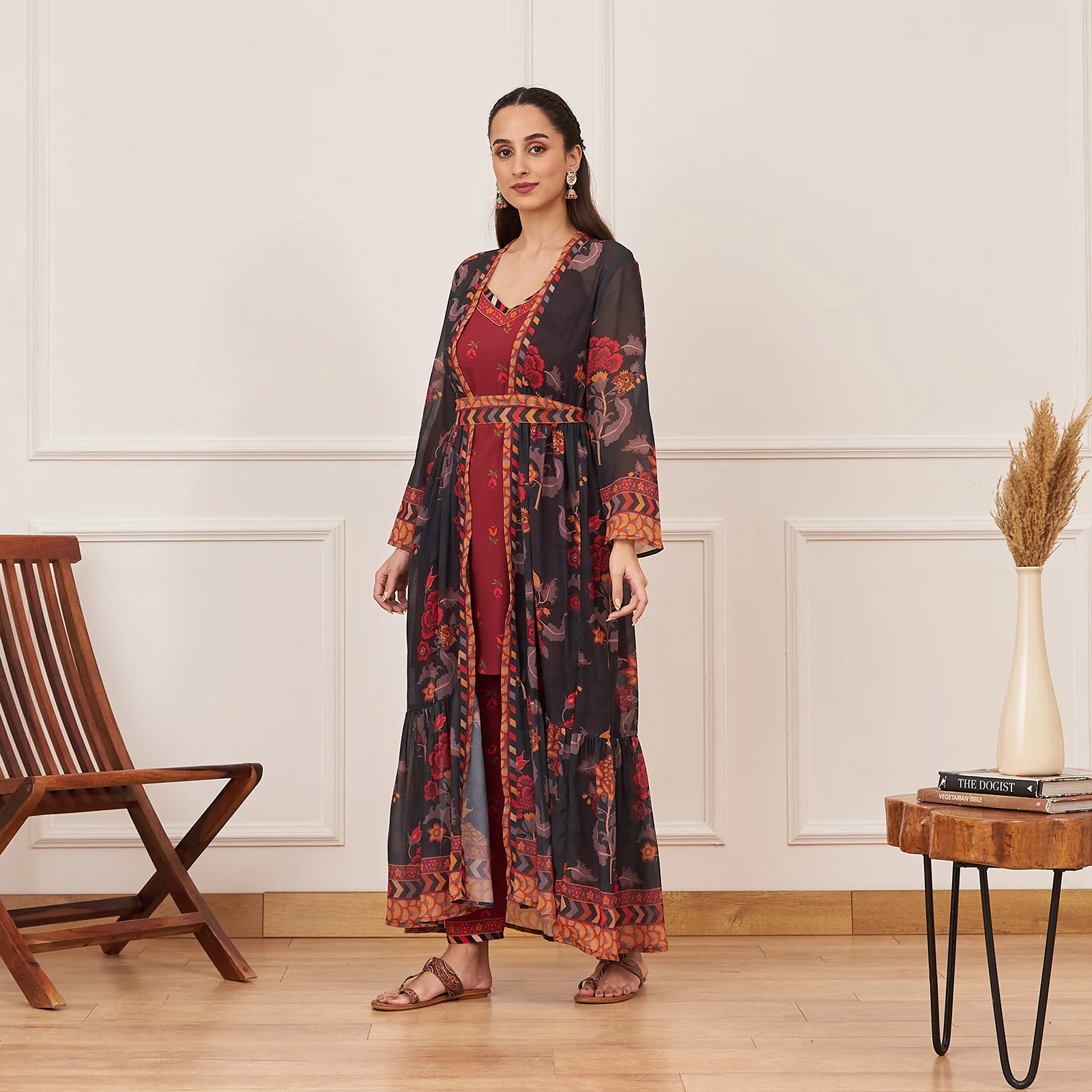 Maroon Printed Tunic and Pant Set with Black Tiered Long Shrug and Belt - Image 3