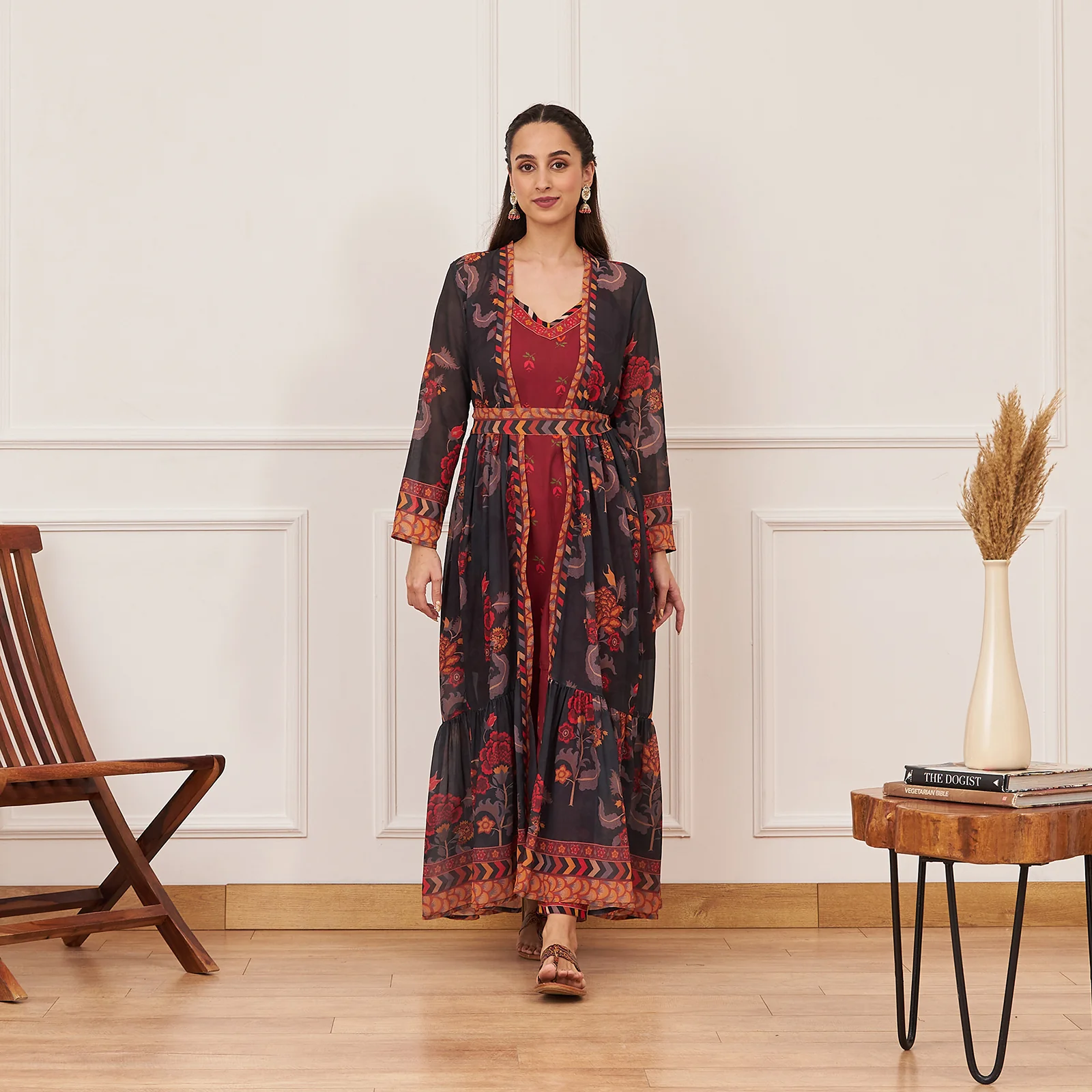 Maroon Printed Tunic and Pant Set with Black Tiered Long Shrug and Belt - Image 4