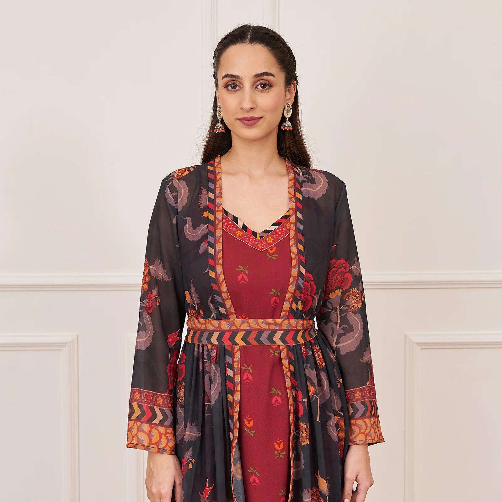 Maroon Printed Tunic and Pant Set with Black Tiered Long Shrug and Belt - Image 5