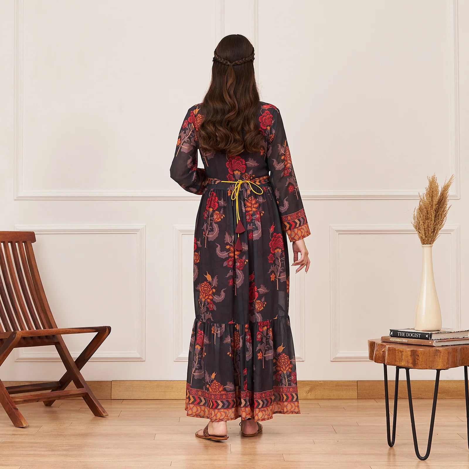 Maroon Printed Tunic and Pant Set with Black Tiered Long Shrug and Belt - Image 6