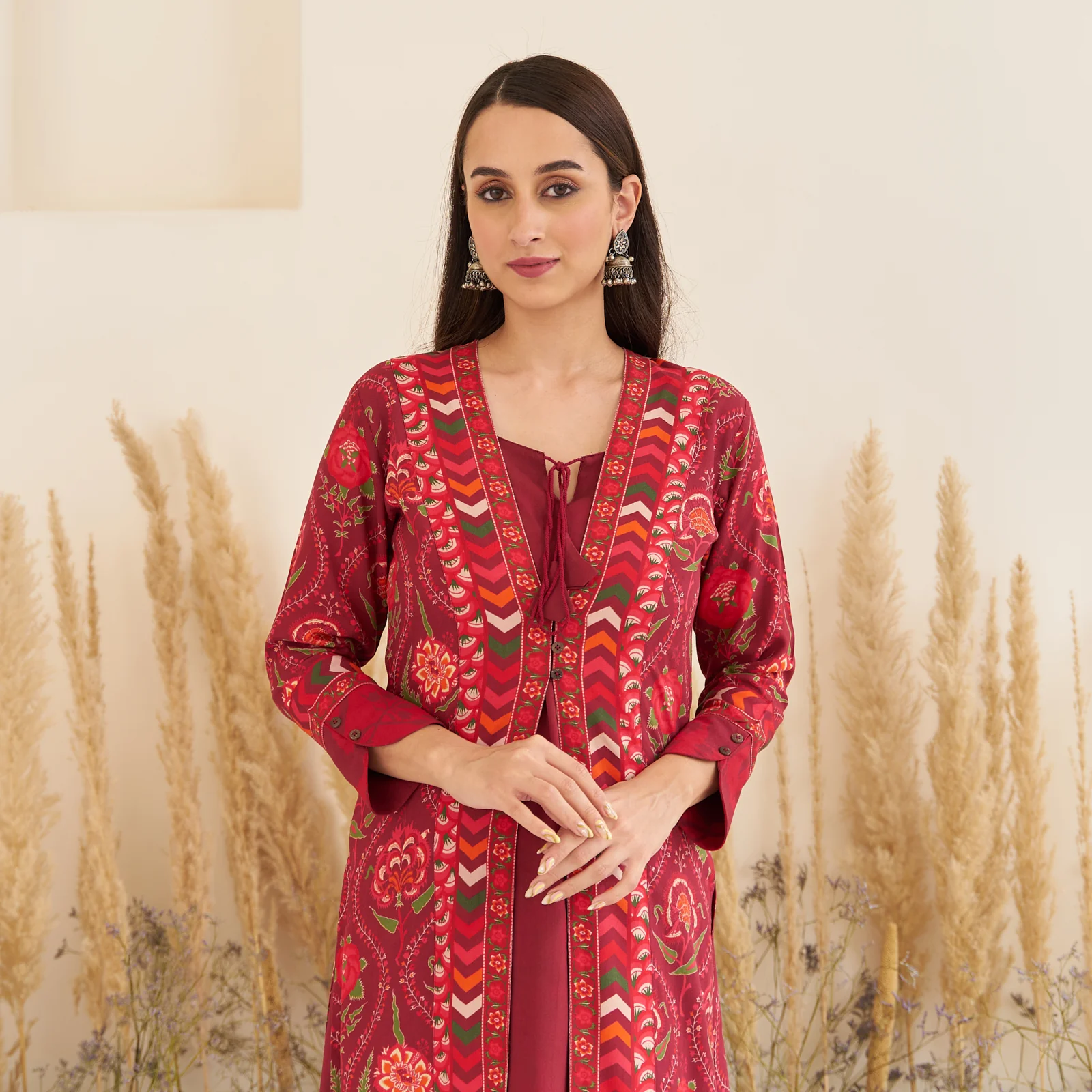 Maroon Side Slit Dress with Long Shrug - Image 2