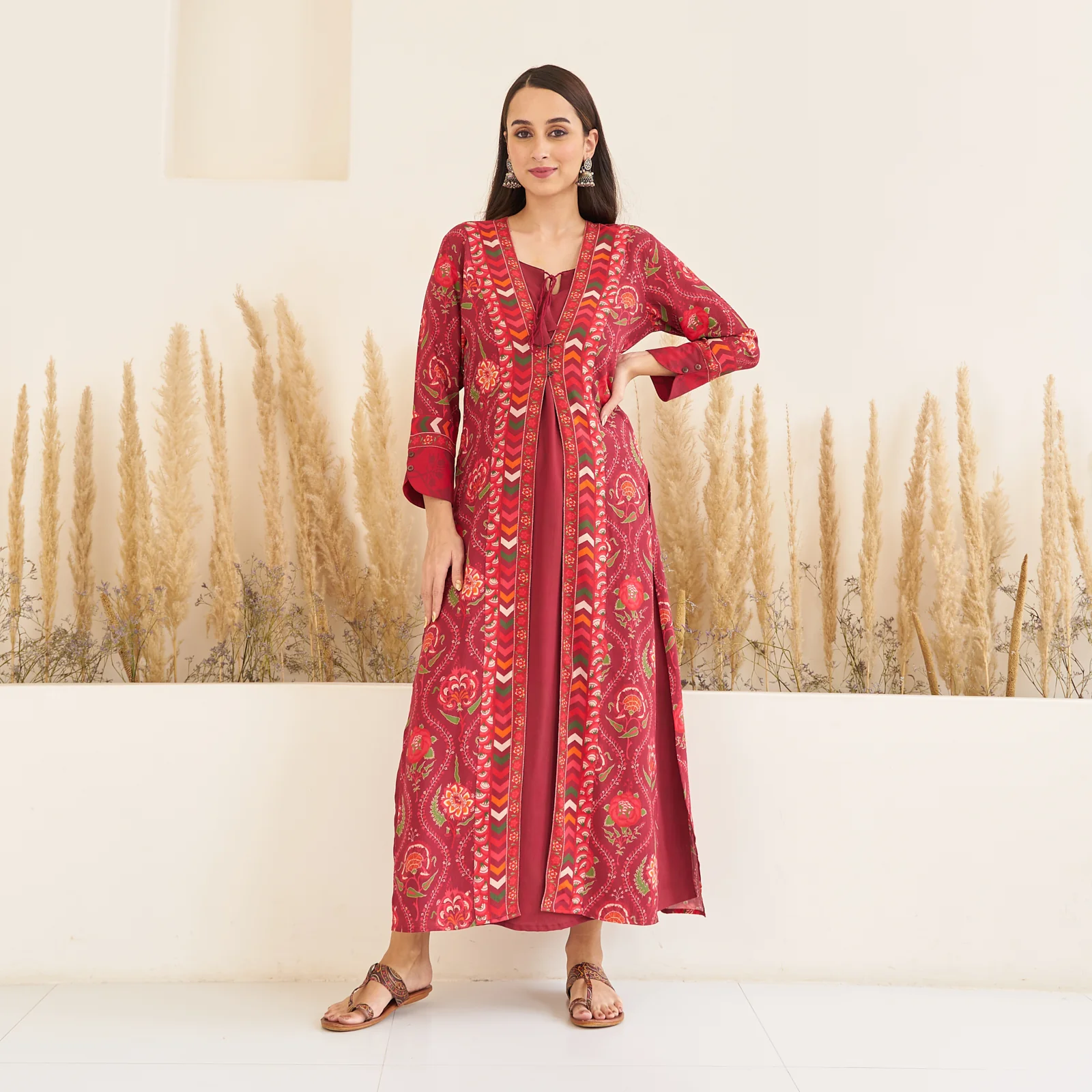 Maroon Side Slit Dress with Long Shrug - Image 3