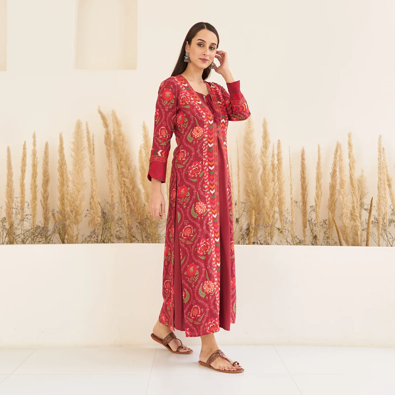 Maroon Side Slit Dress with Long Shrug - Image 4