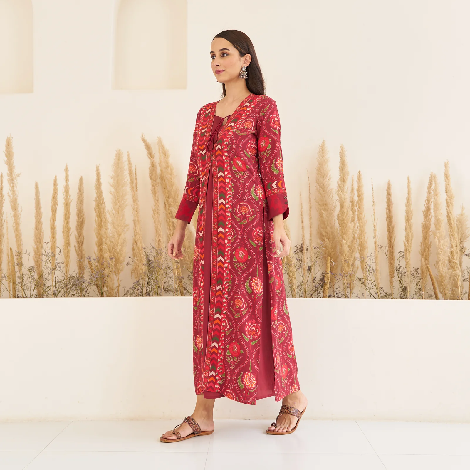Maroon Side Slit Dress with Long Shrug - Image 5