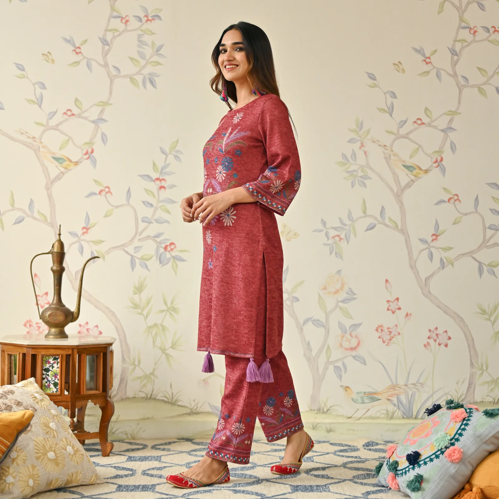 Maroon Tribal Woollen Kurta with Tassel Detailing - Image 2