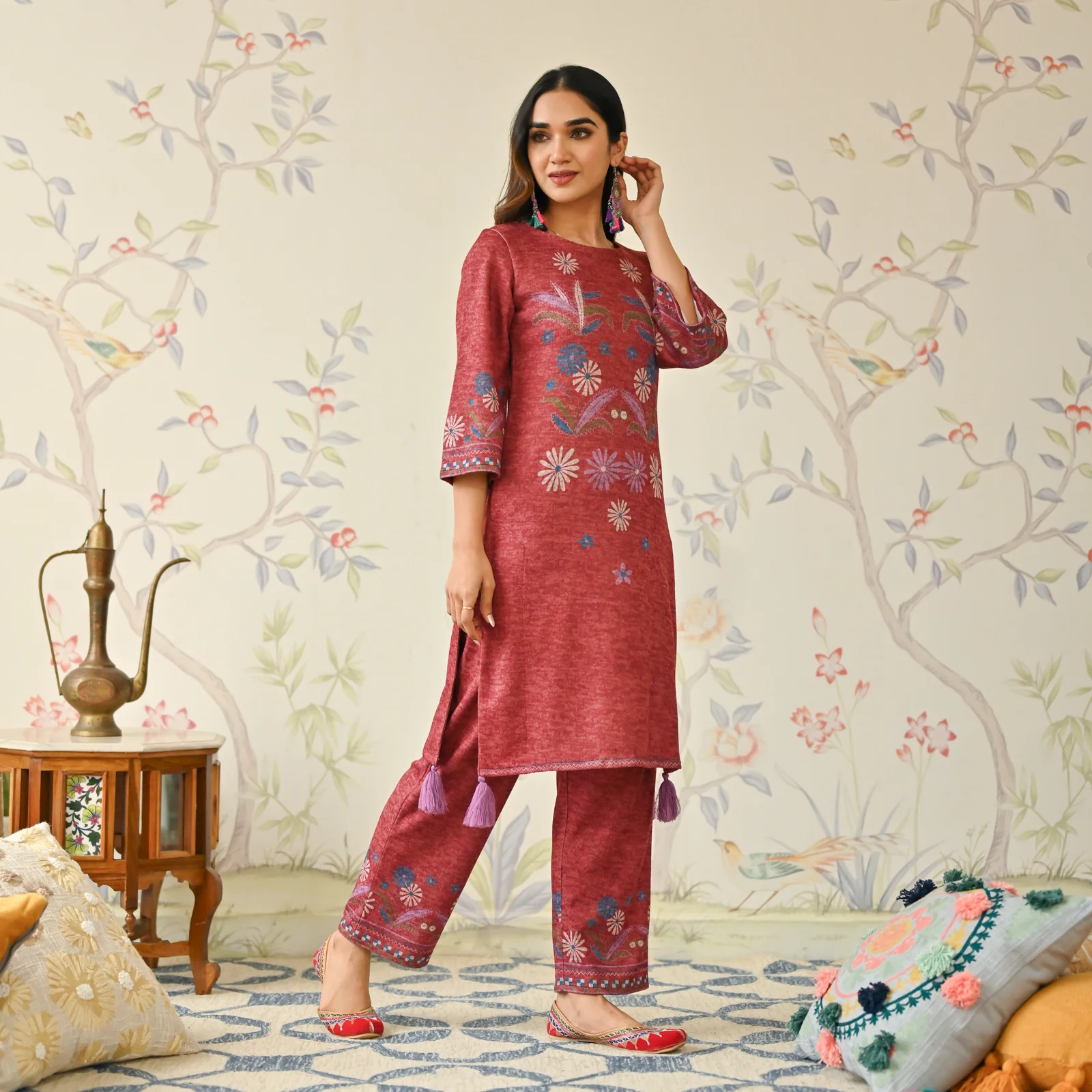 Maroon Tribal Woollen Kurta with Tassel Detailing - Image 3