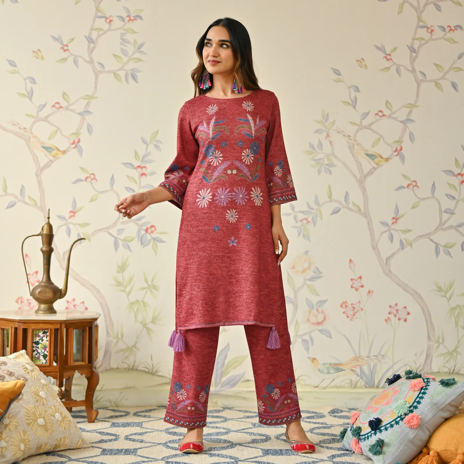 Maroon Tribal Woollen Kurta with Tassel Detailing - Image 4