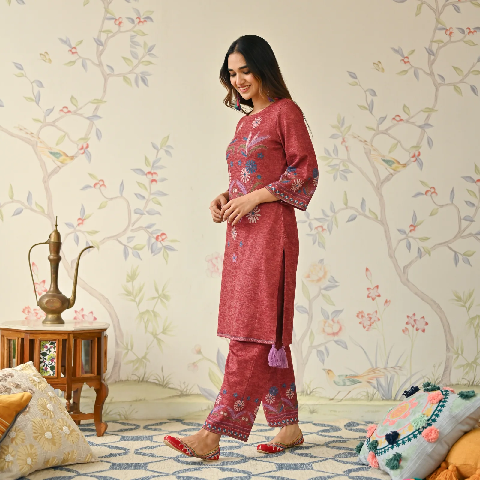Maroon Tribal Woollen Kurta with Tassel Detailing - Image 5