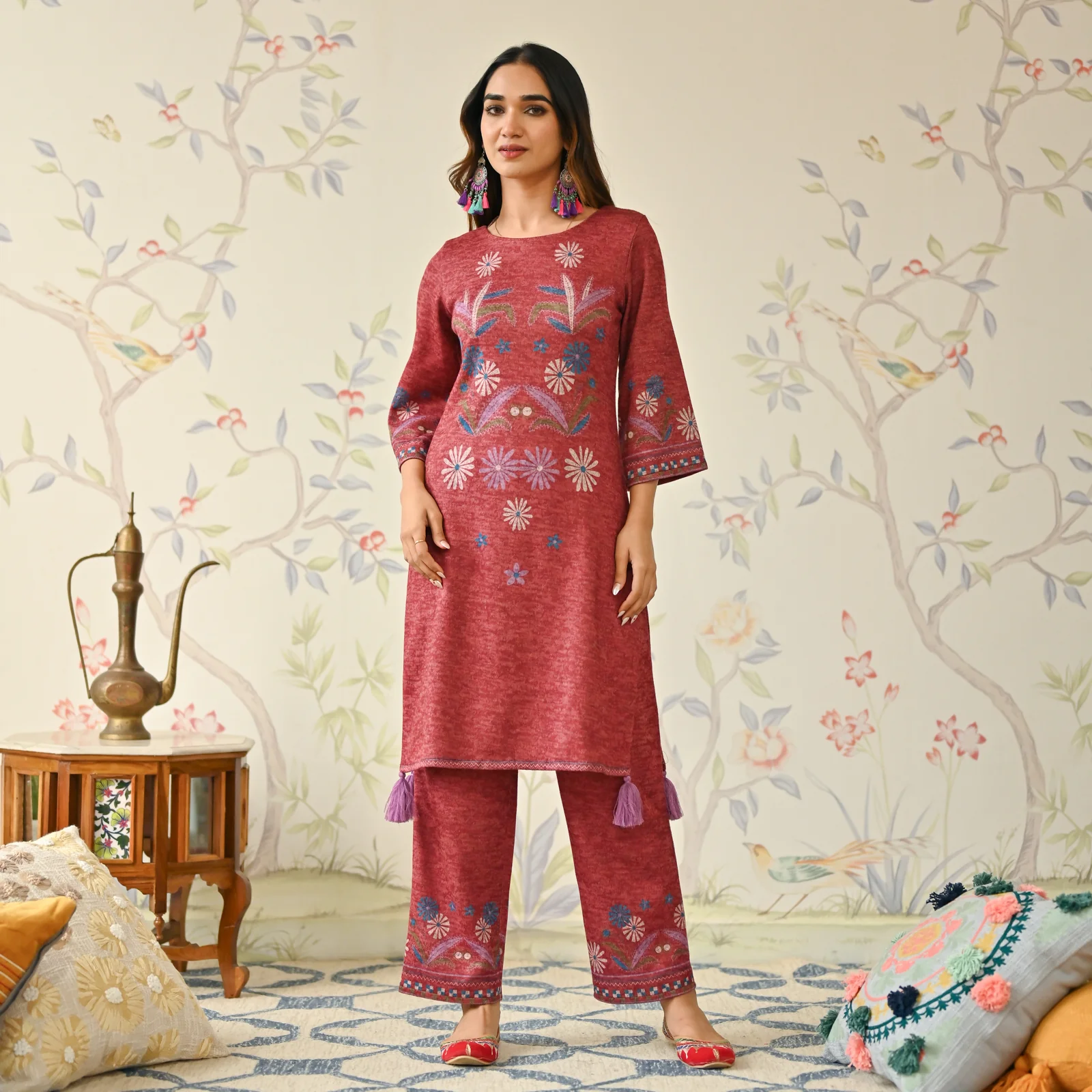 Maroon Tribal Woollen Kurta with Tassel Detailing - Image 6